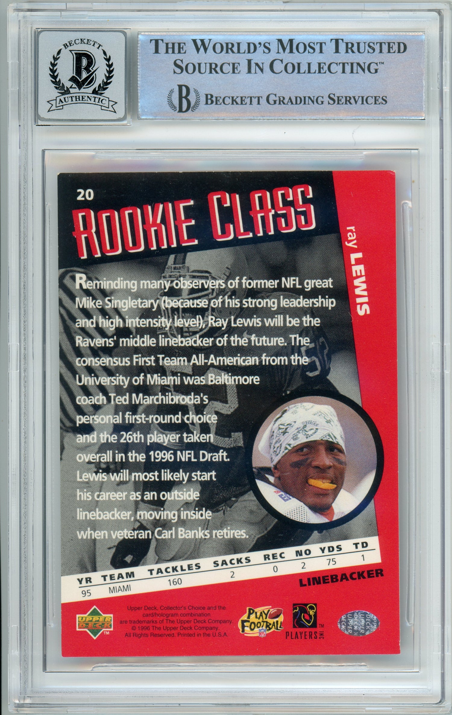 1996 Collector's Choice #20 Ray Lewis RC Baltimore Ravens BGS Autograph 10
