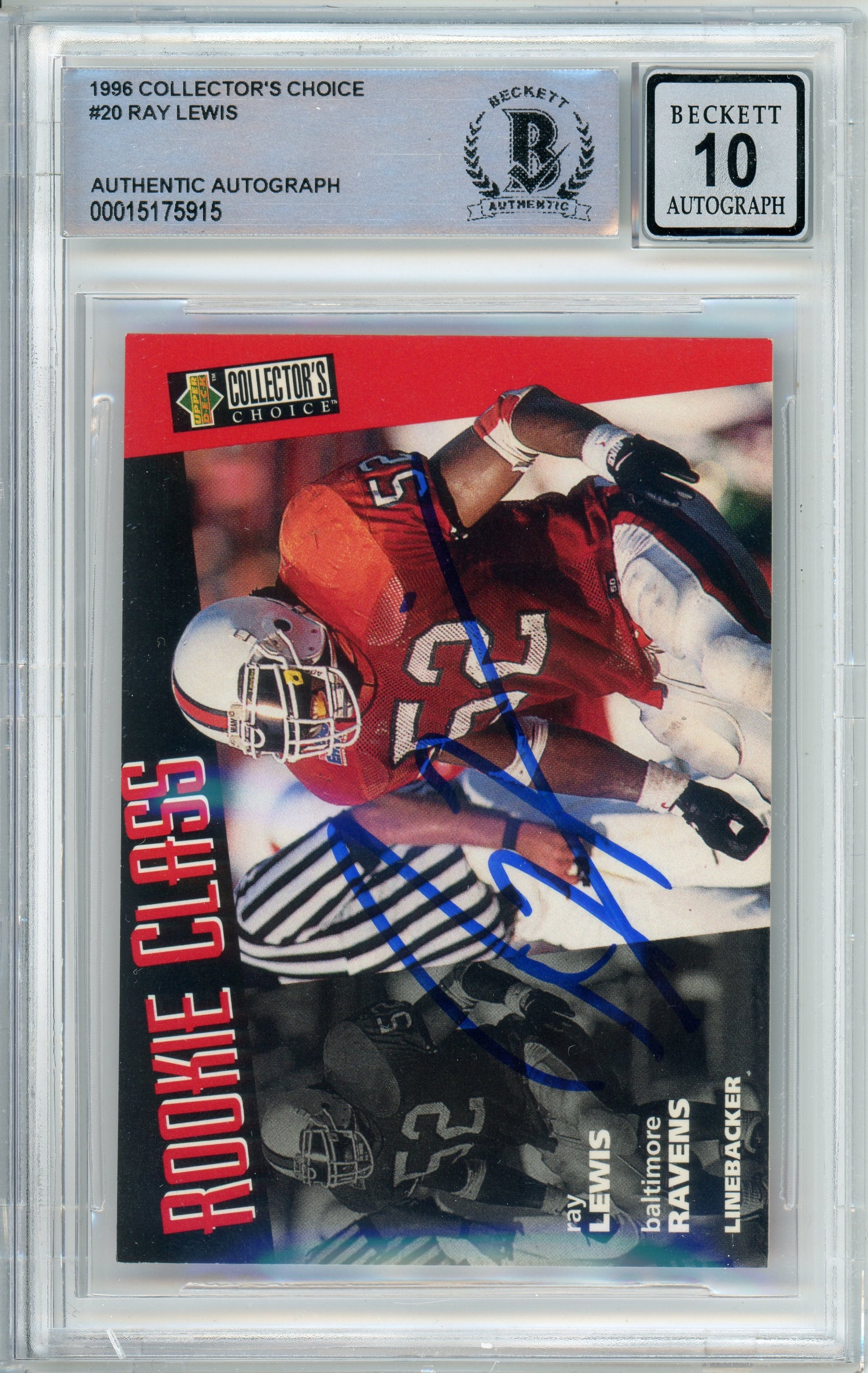 1996 Collector's Choice #20 Ray Lewis RC Baltimore Ravens BGS Autograph 10