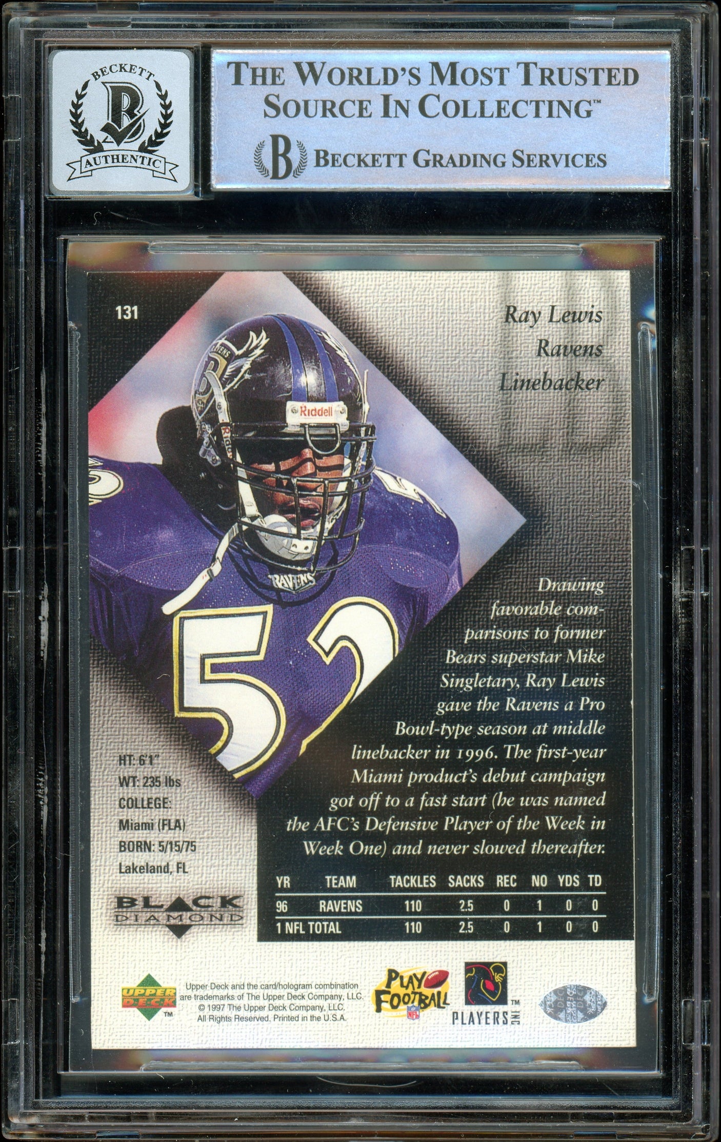 1997 Black Diamond #131 Ray Lewis Baltimore Ravens BGS Autograph 10