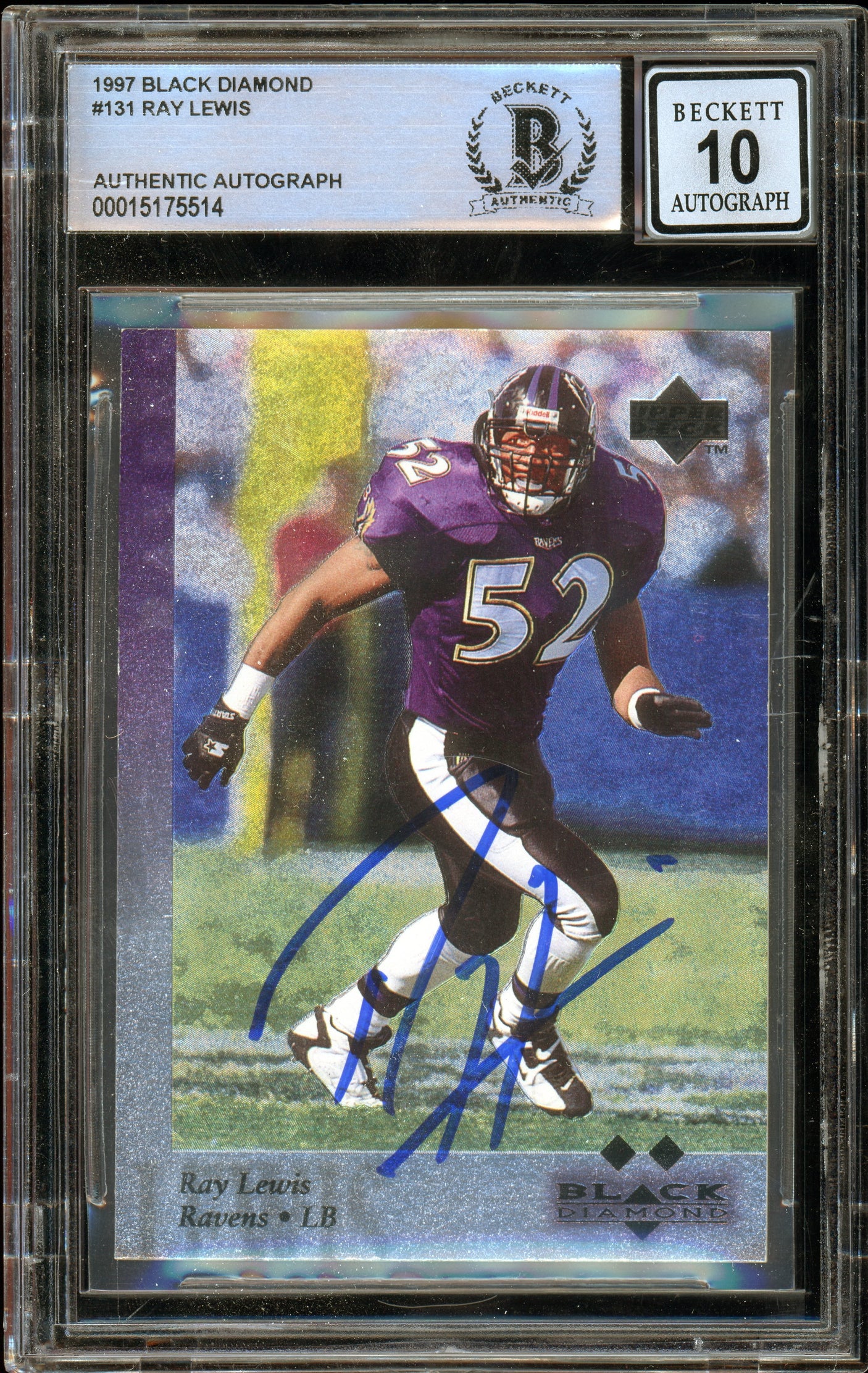 1997 Black Diamond #131 Ray Lewis Baltimore Ravens BGS Autograph 10