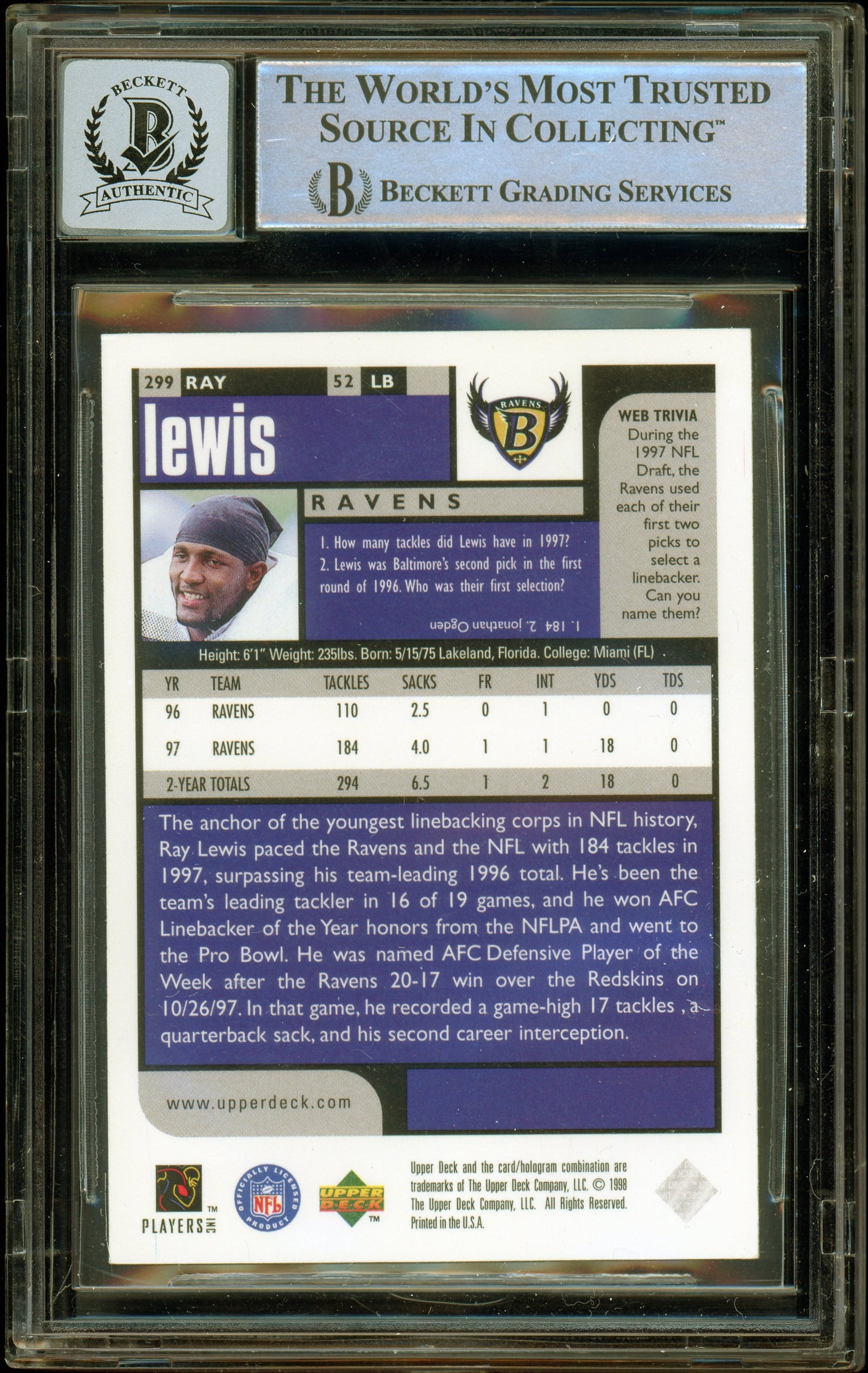 1998 UD Choice #299 Ray Lewis Baltimore Ravens BGS Autograph 10