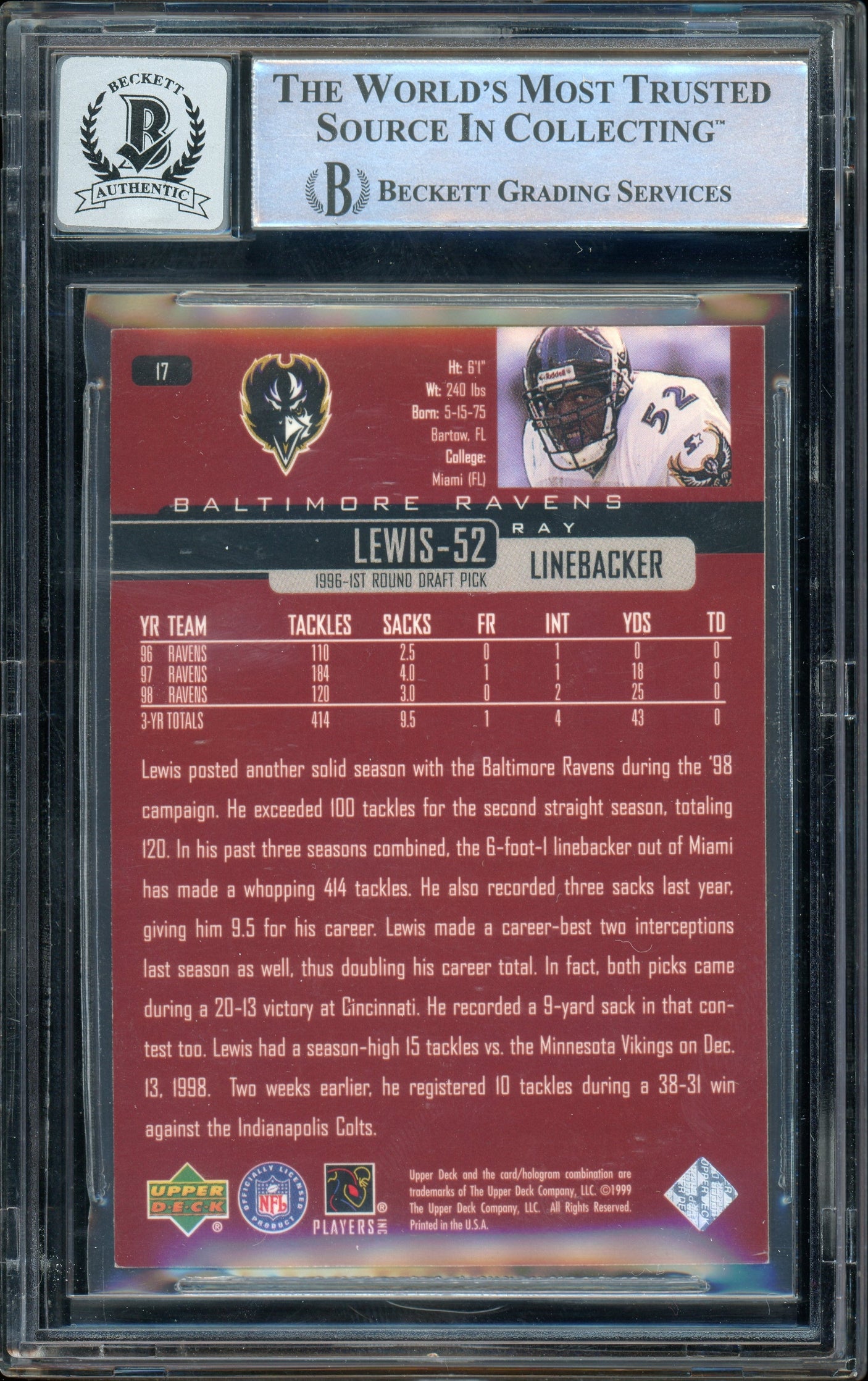 1999 Upper Deck #17 Ray Lewis Baltimore Ravens BGS Autograph 10