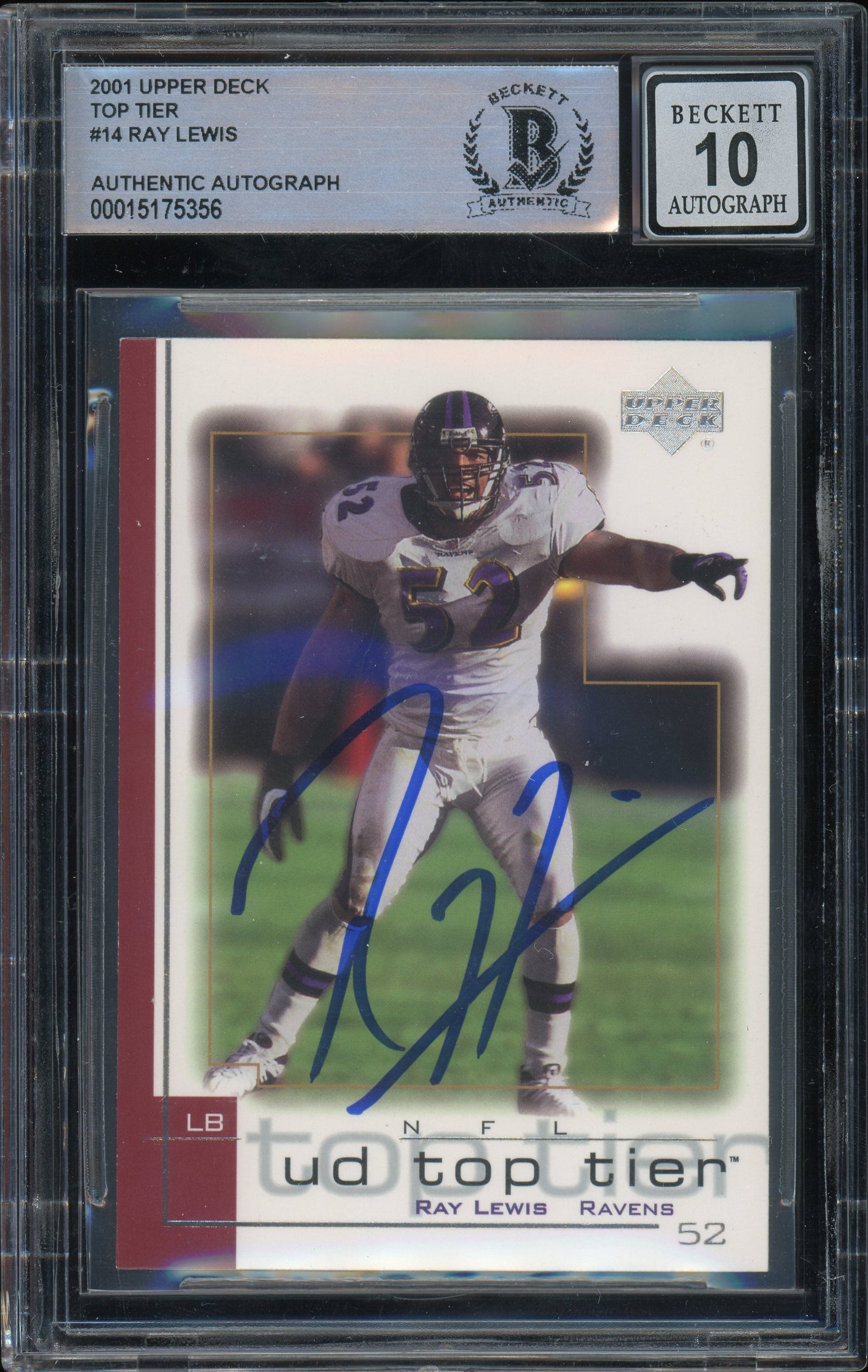 2001 Upper Deck Top Tier #14 Ray Lewis Baltimore Ravens BGS Autograph 10