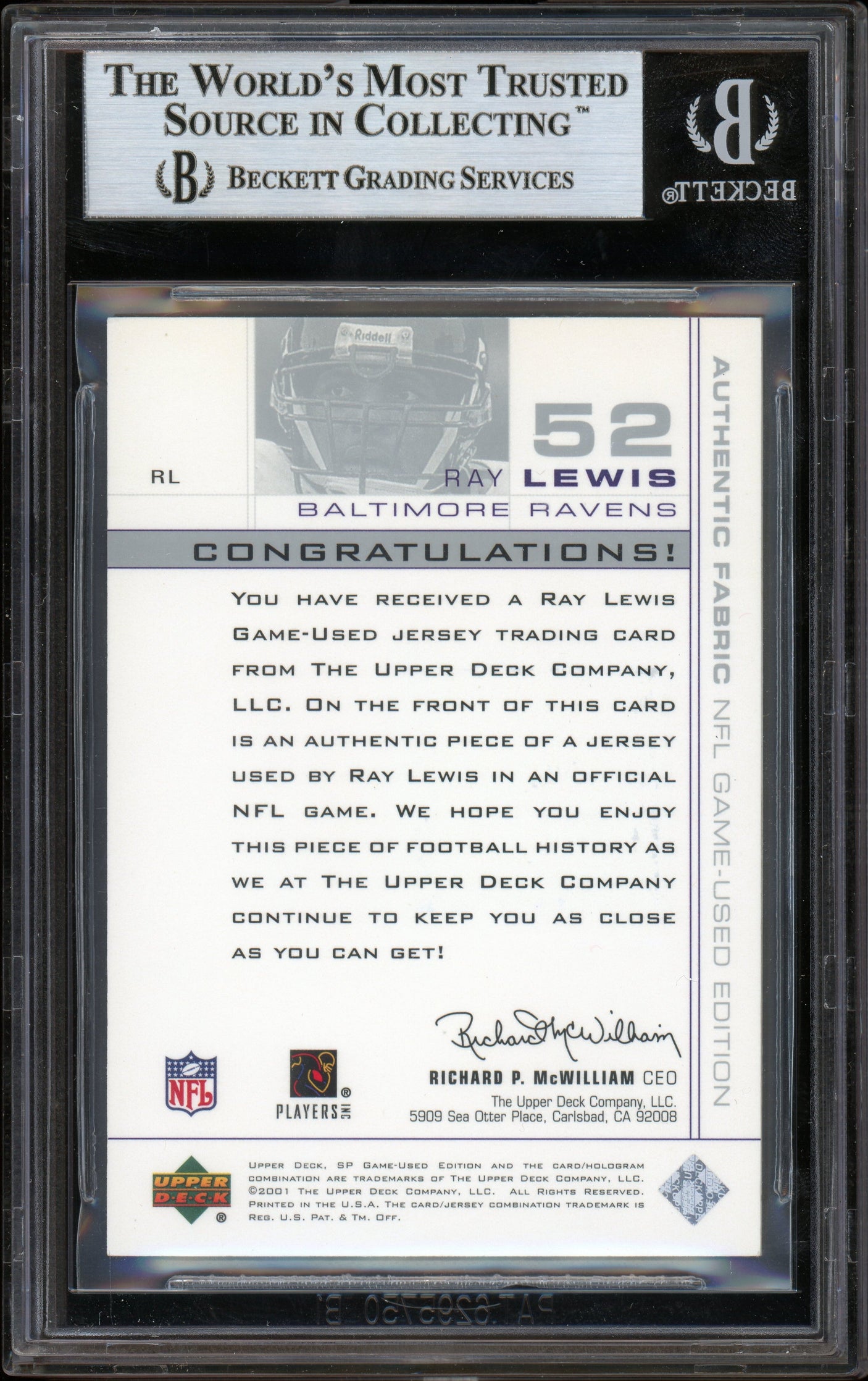 2001 SP Game Used Edition Authentic Fabric #RL Ray Lewis Ravens BGS Auto