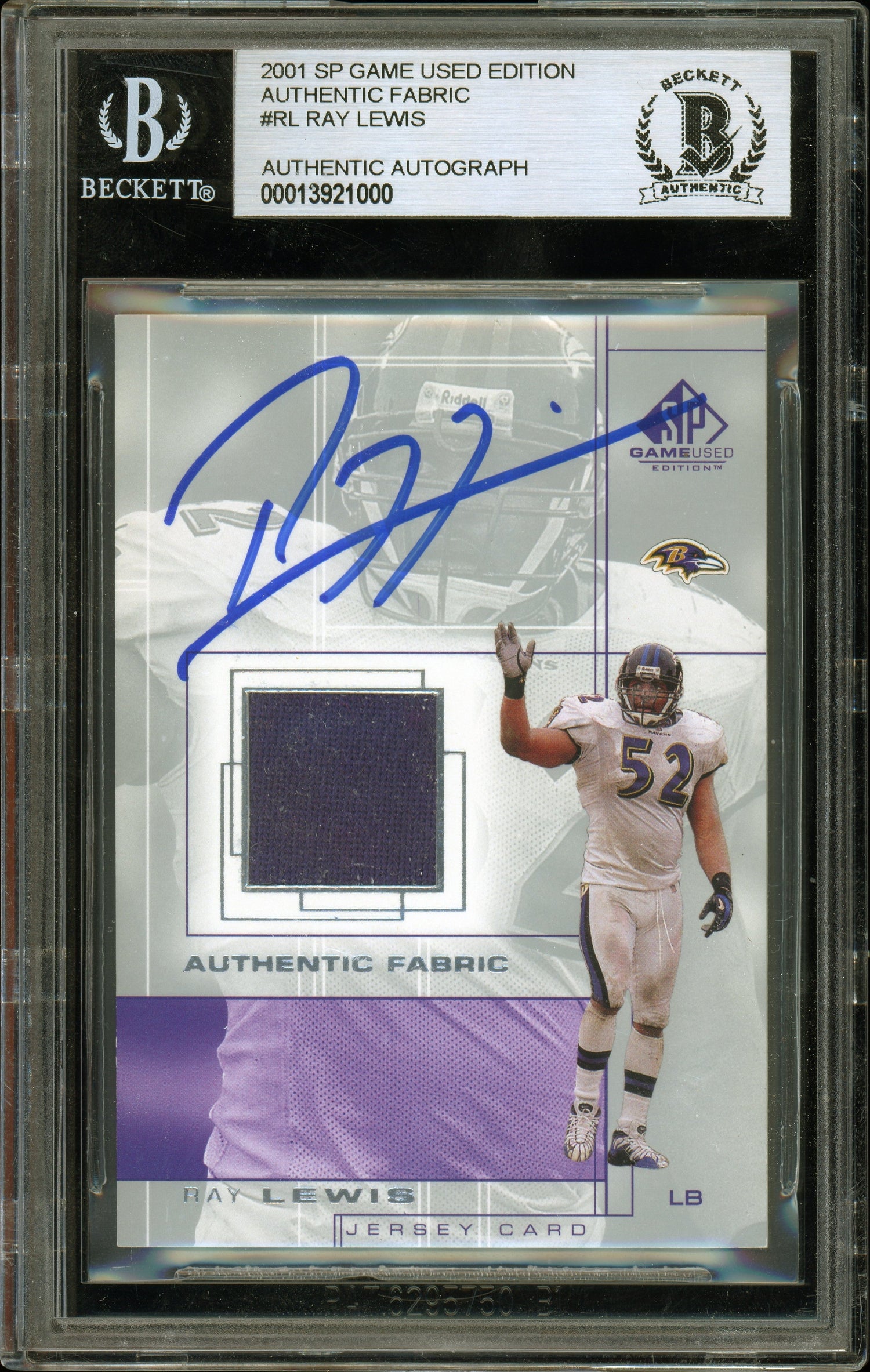2001 SP Game Used Edition Authentic Fabric #RL Ray Lewis Ravens BGS Auto