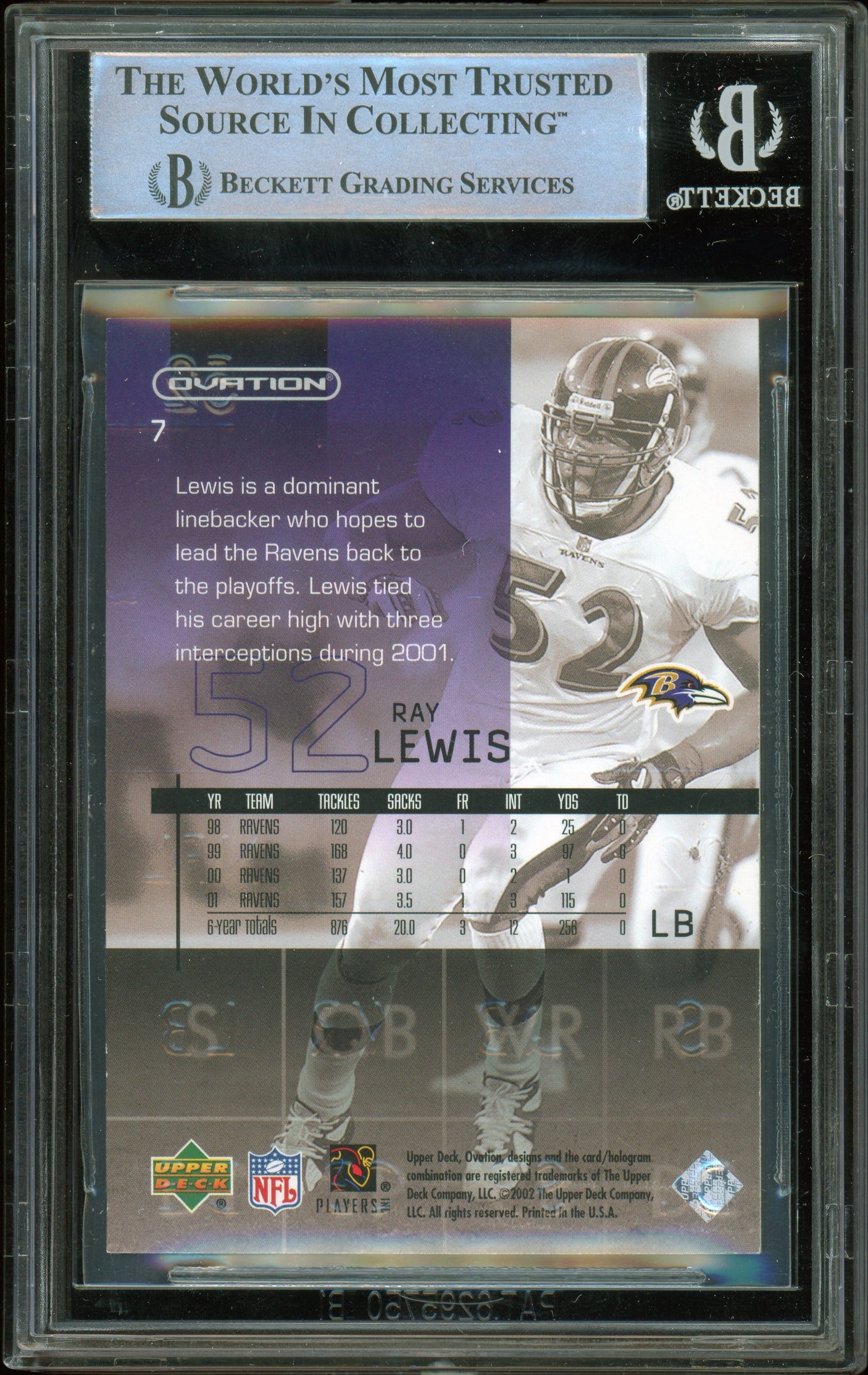 2002 Upper Deck Ovation #7 Ray Lewis Baltimore Ravens BGS Autograph
