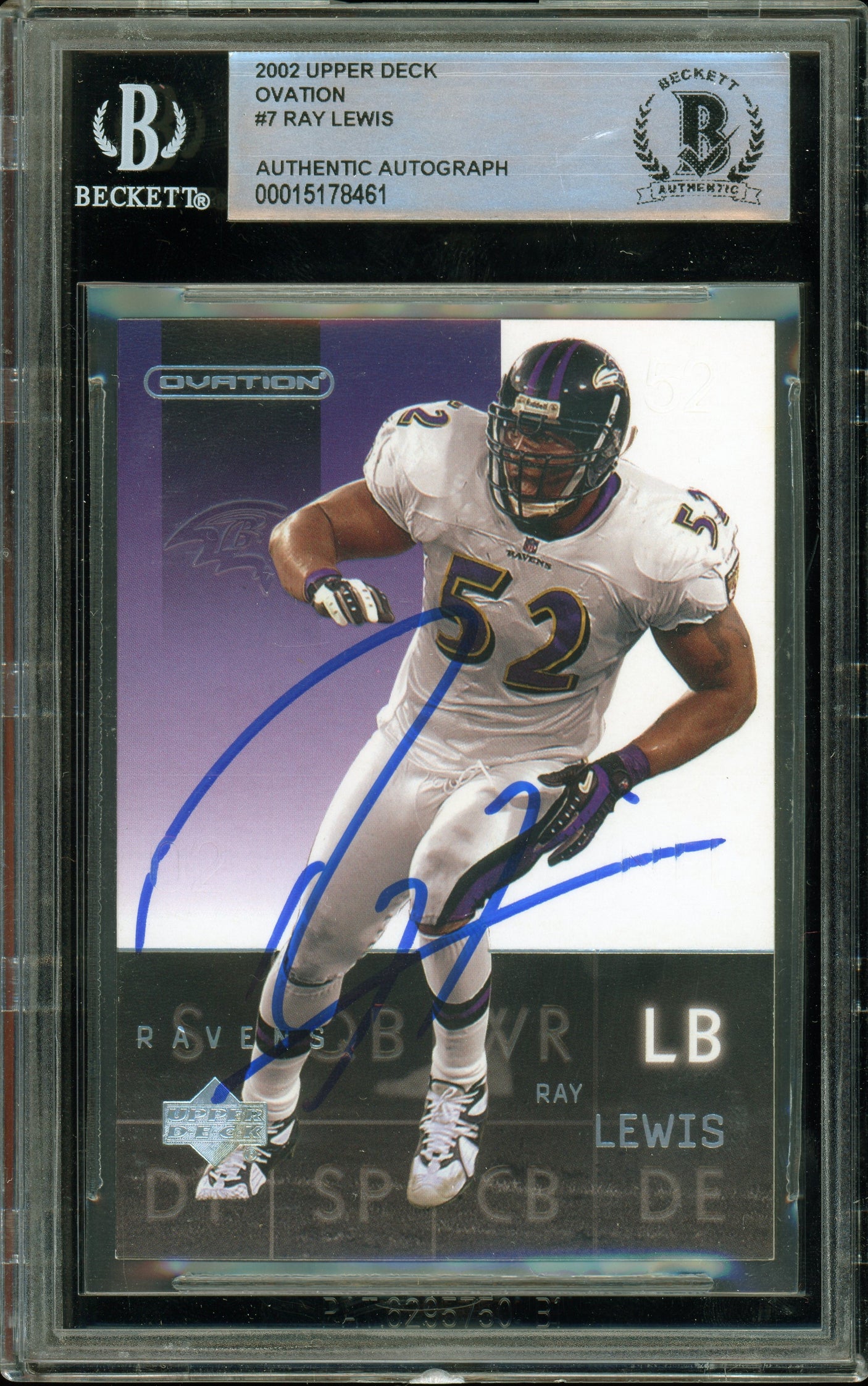 2002 Upper Deck Ovation #7 Ray Lewis Baltimore Ravens BGS Autograph