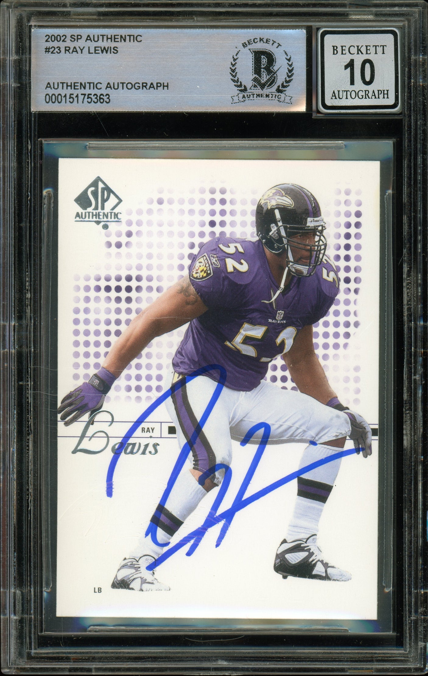 2002 SP Authentic #23 Ray Lewis Baltimore Ravens BGS Autograph 10