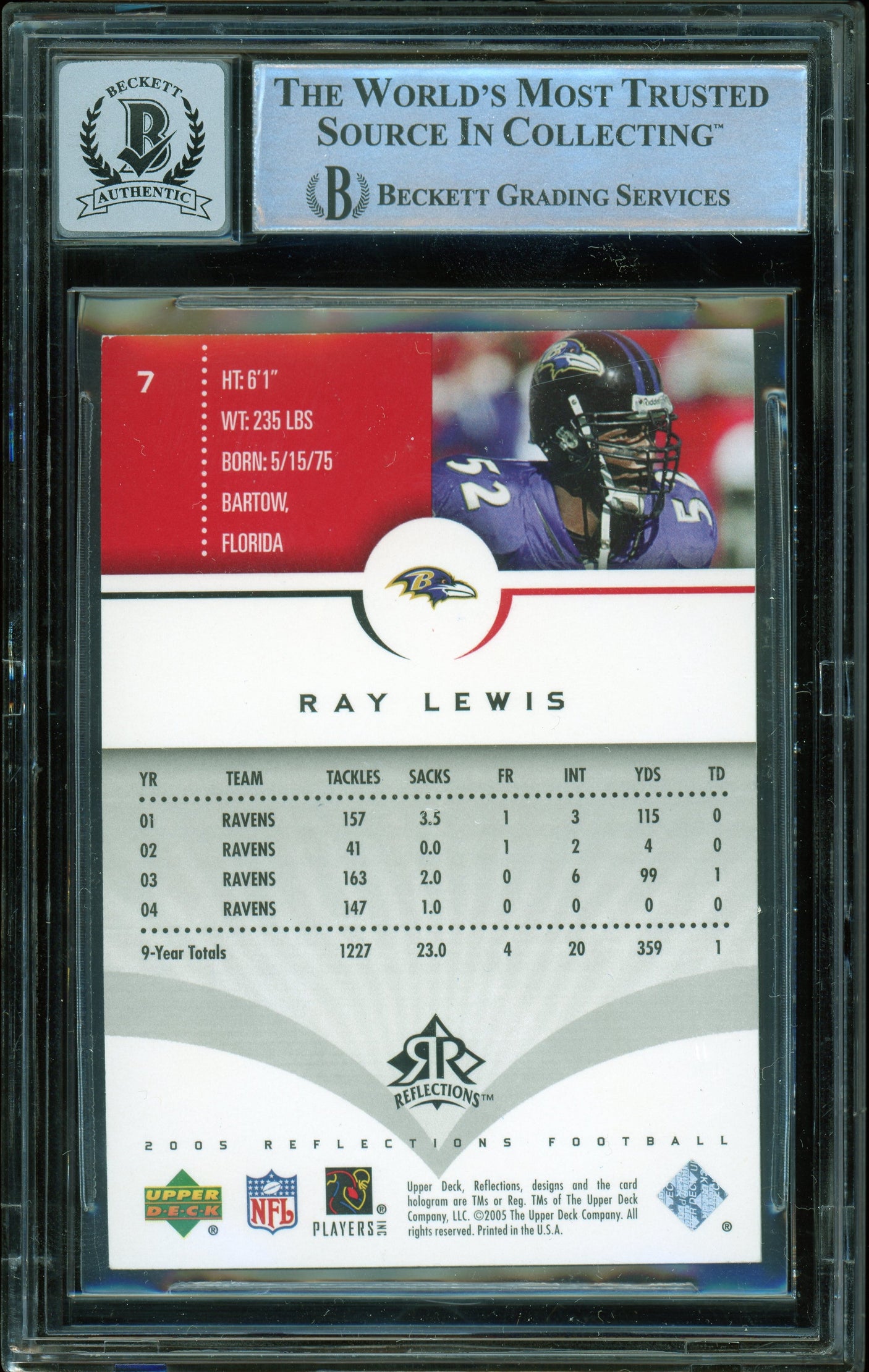 2005 Reflections #7 Ray Lewis Baltimore Ravens BGS Autograph 10