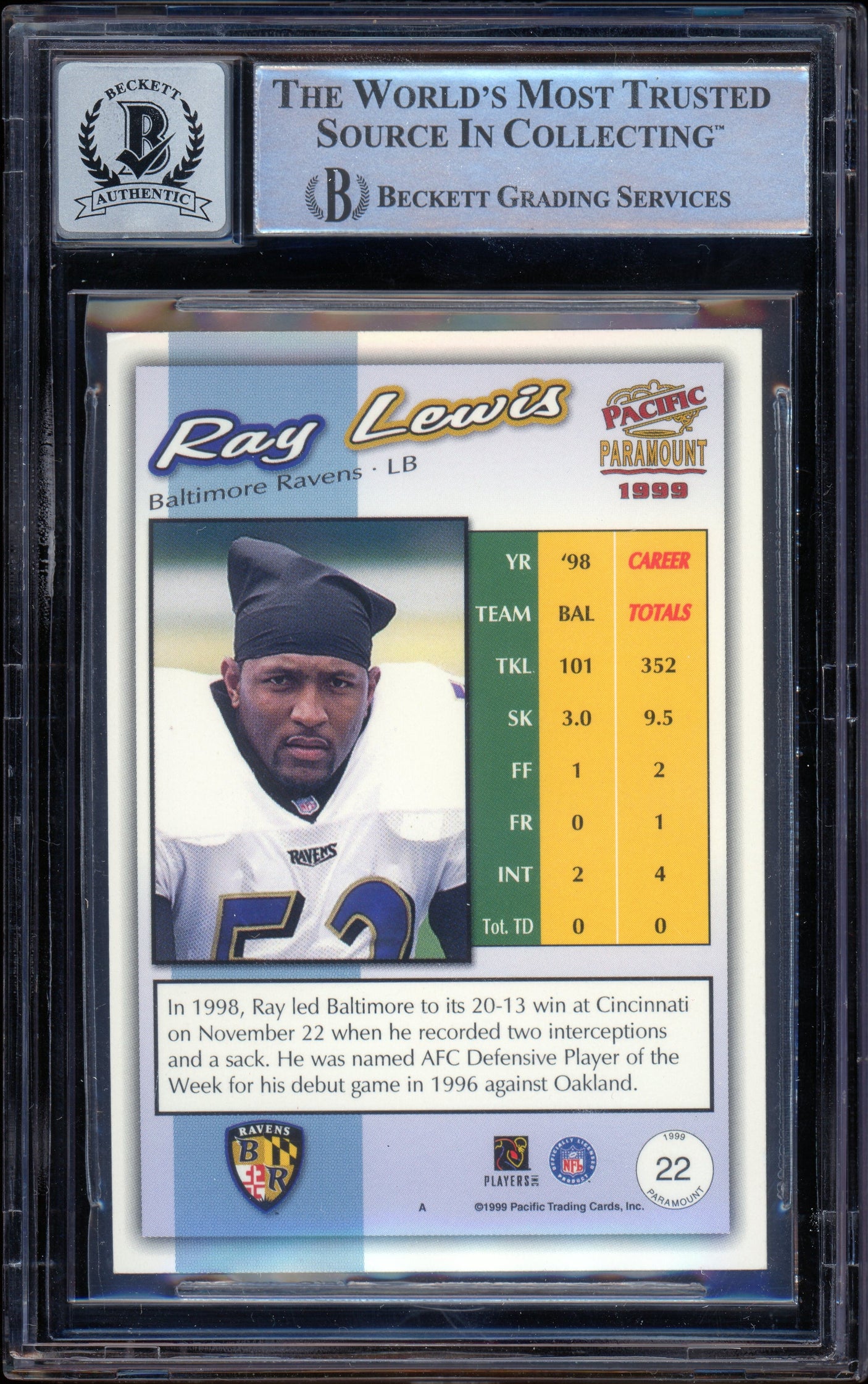 1999 Pacific Paramount #22 Ray Lewis Baltimore Ravens BGS Auto 10