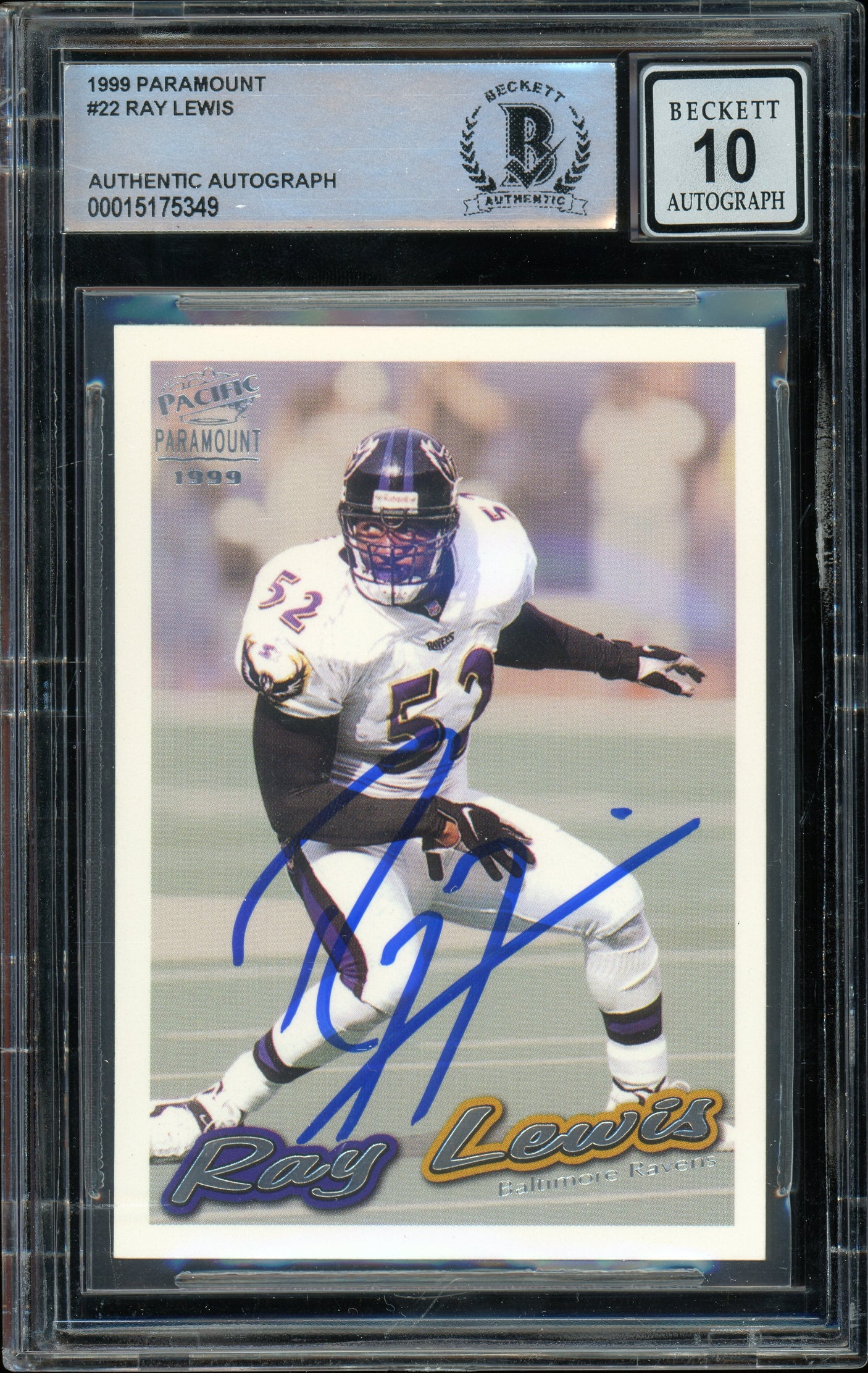 1999 Pacific Paramount #22 Ray Lewis Baltimore Ravens BGS Auto 10