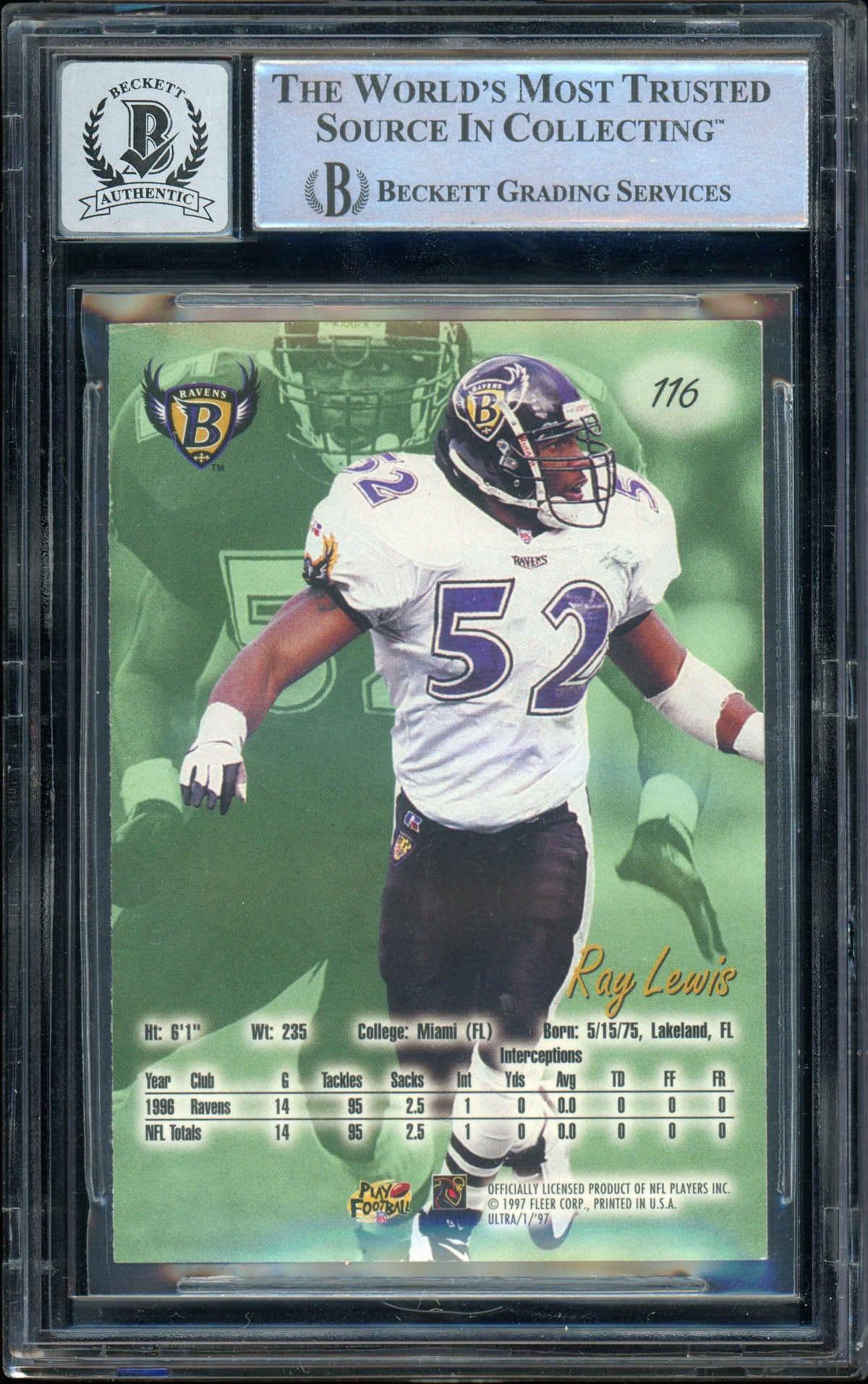 1997 Fleer Ultra #116 Ray Lewis Baltimore Ravens BGS Autograph 10