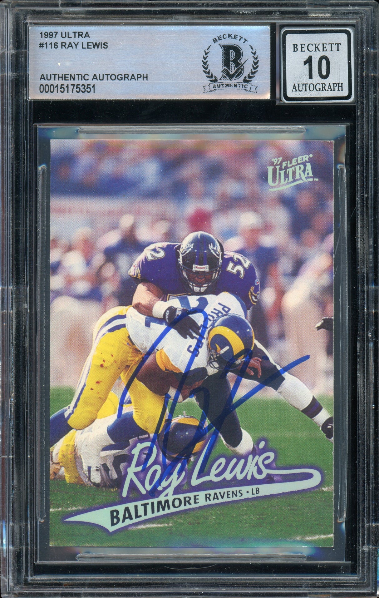 1997 Fleer Ultra #116 Ray Lewis Baltimore Ravens BGS Autograph 10