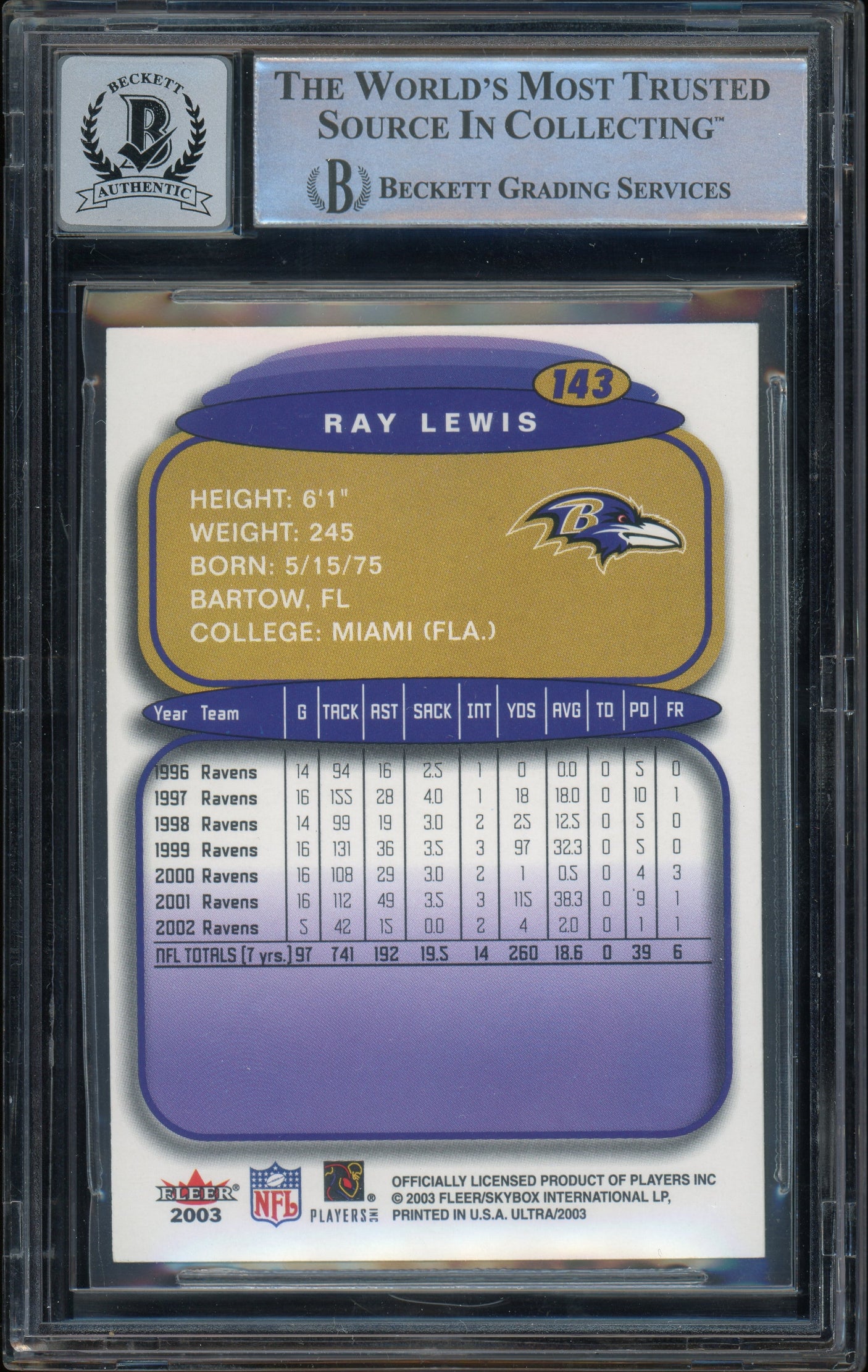 2003 Fleer Ultra #143 Ray Lewis Baltimore Ravens BGS Autograph 10
