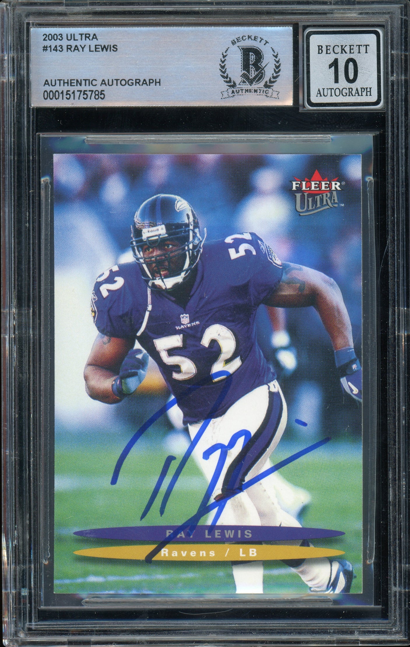 2003 Fleer Ultra #143 Ray Lewis Baltimore Ravens BGS Autograph 10