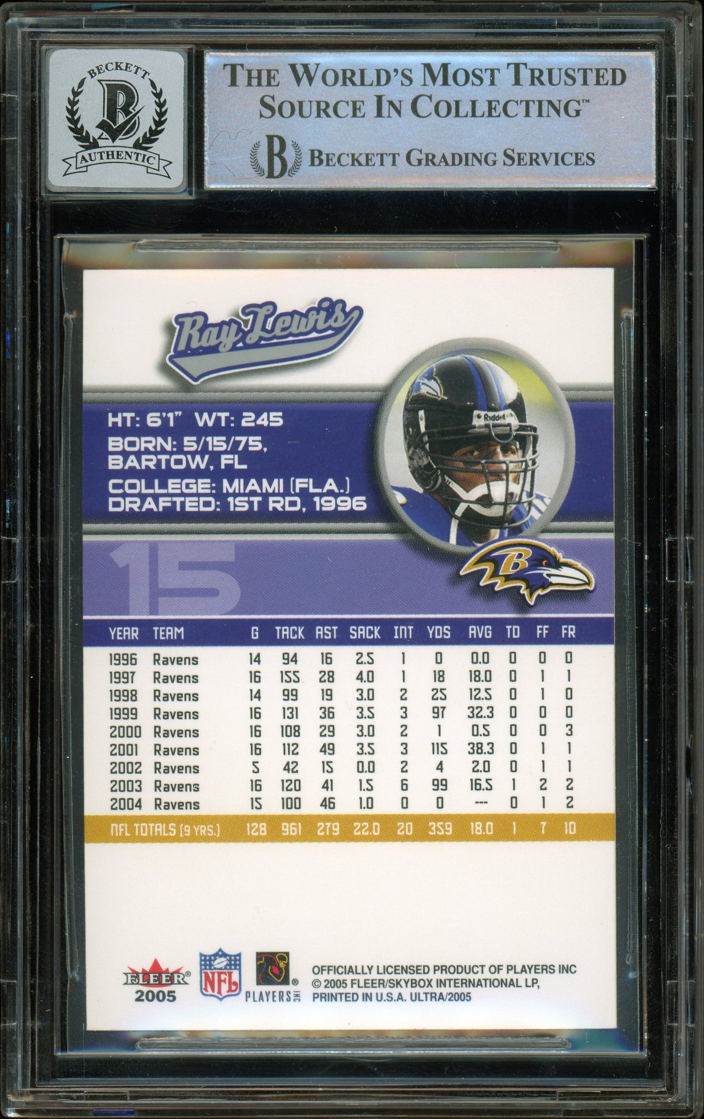 2005 Fleer Ultra #15 Ray Lewis Baltimore Ravens BGS Autograph 10
