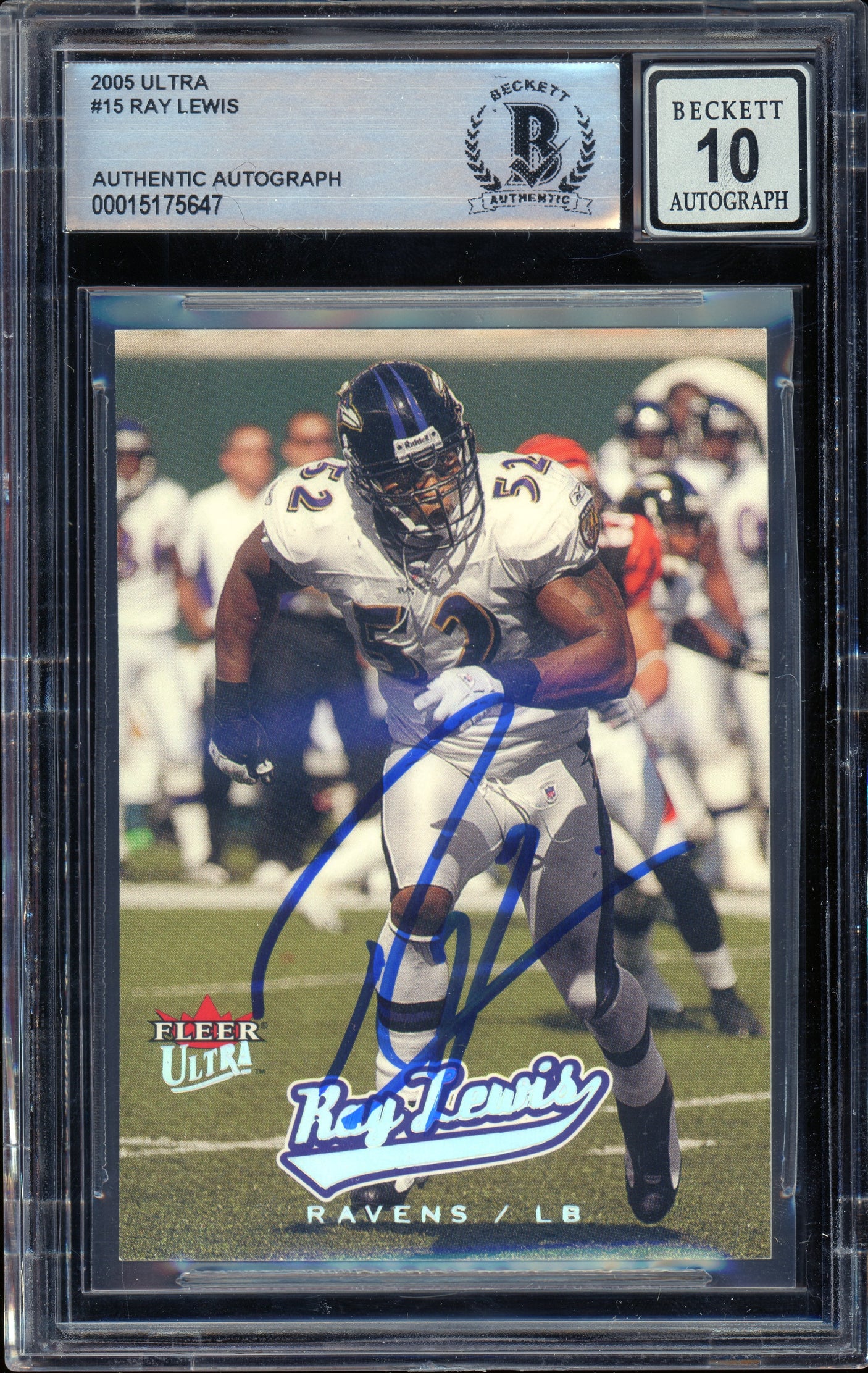 2005 Fleer Ultra #15 Ray Lewis Baltimore Ravens BGS Autograph 10
