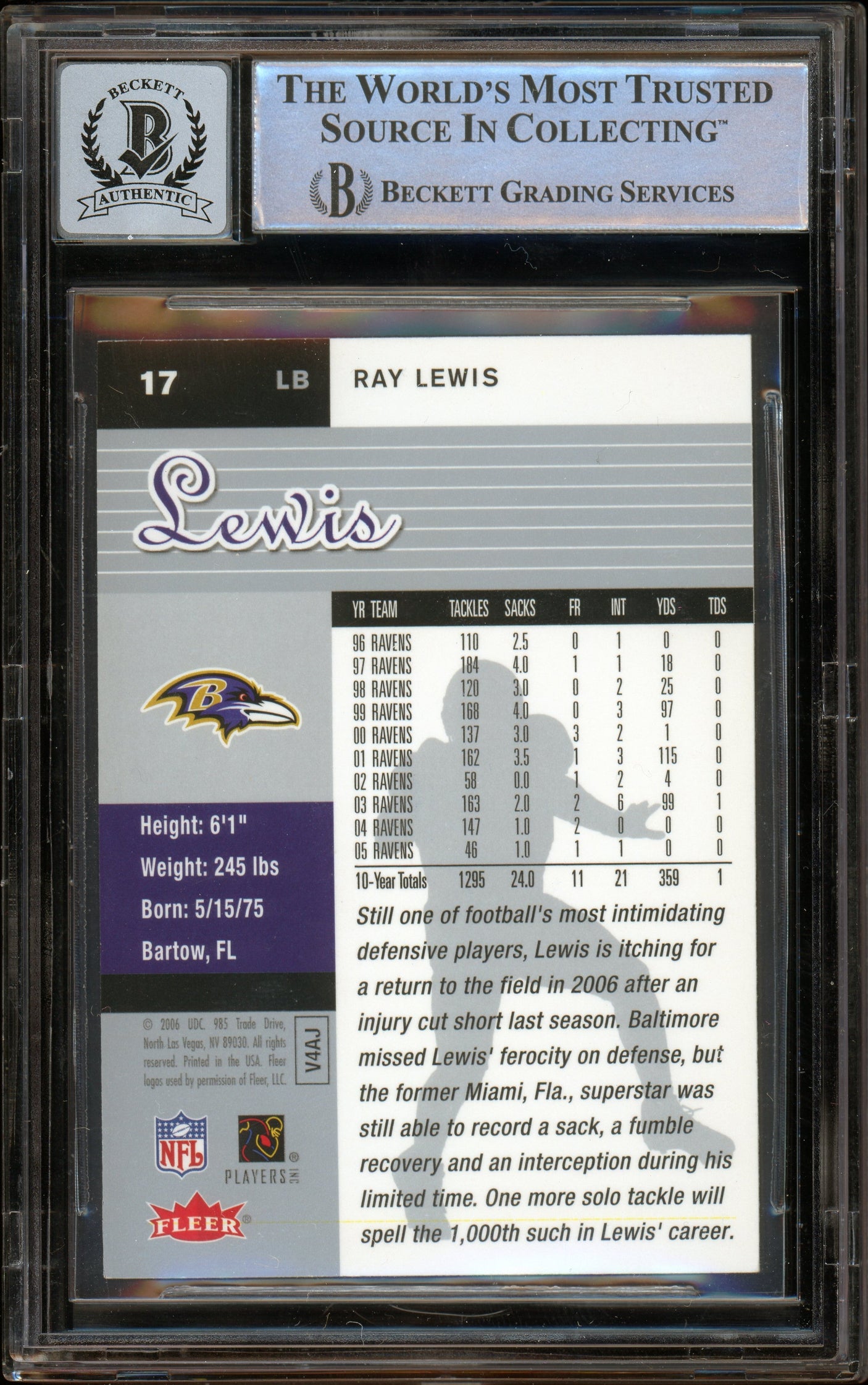 2006 Fleer Ultra #17 Ray Lewis Baltimore Ravens BGS Autograph 10