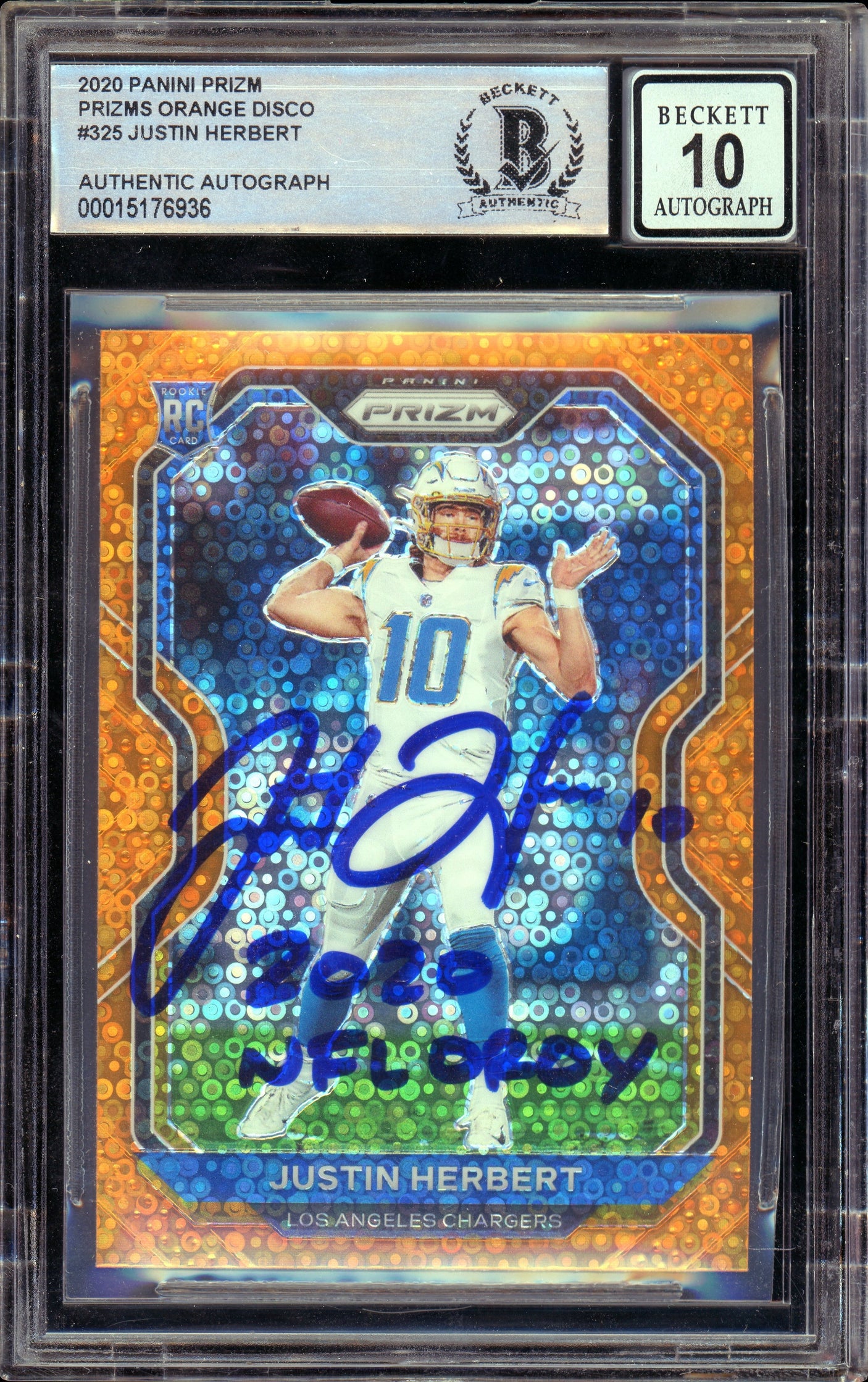 2020 Prizm Orange Disco #325 Justin Herbert RC Chargers BGS Autograph 10