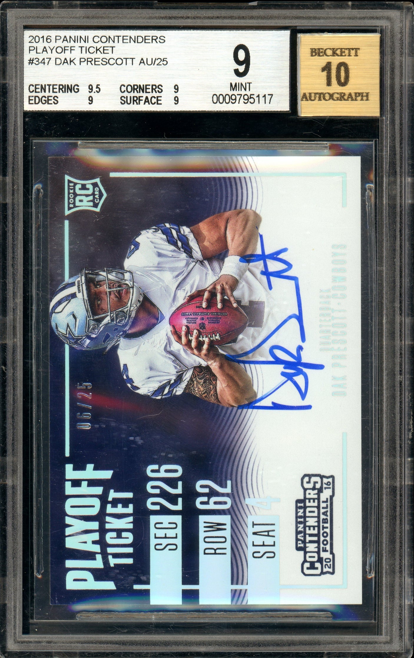 2016 Contenders Playoff Ticket #347 Dak Prescott RC 06/25 Dallas Cowboys BGS 9 Auto 10