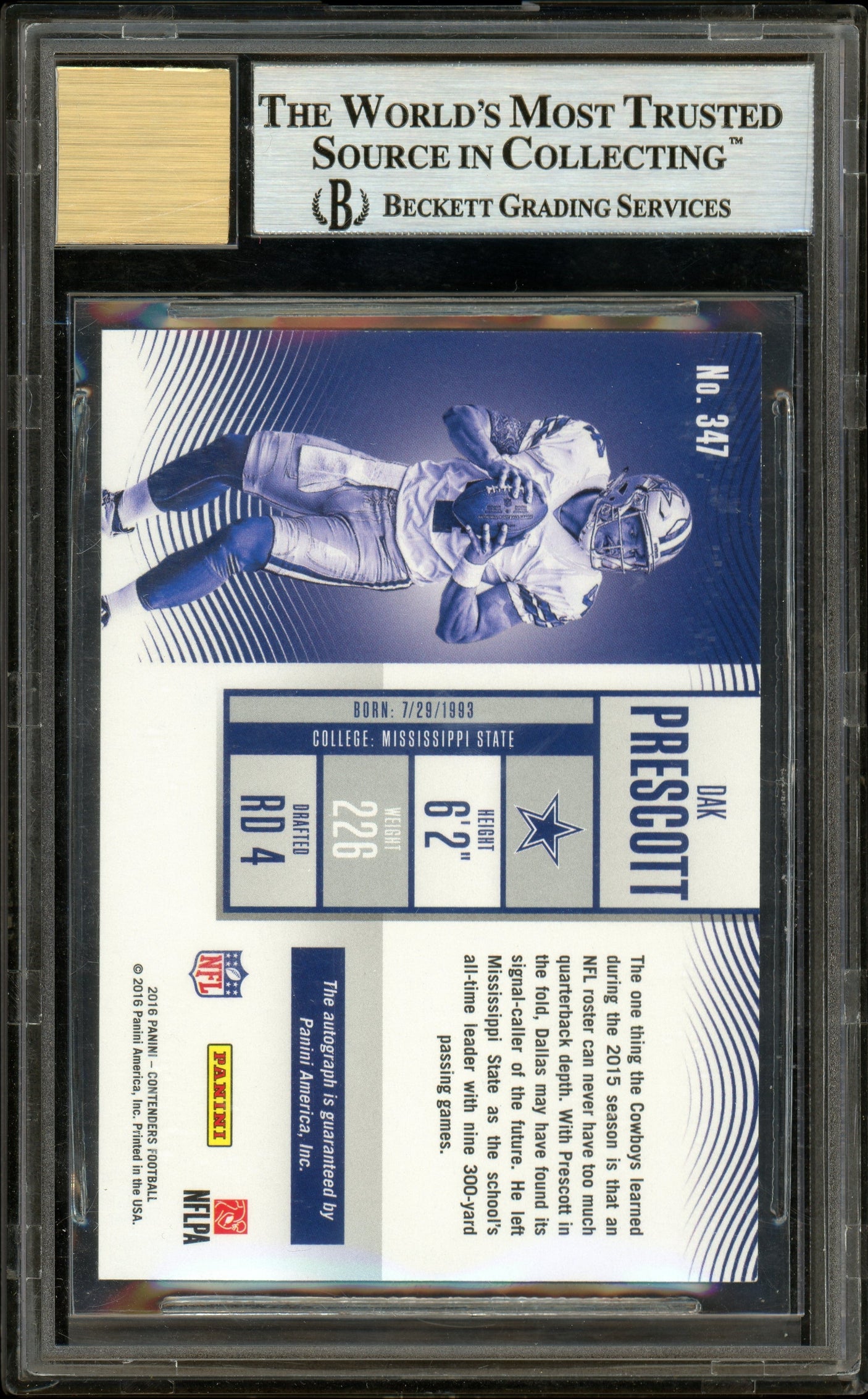 2016 Contenders Playoff Ticket #347 Dak Prescott RC 06/25 Dallas Cowboys BGS 9 Auto 10
