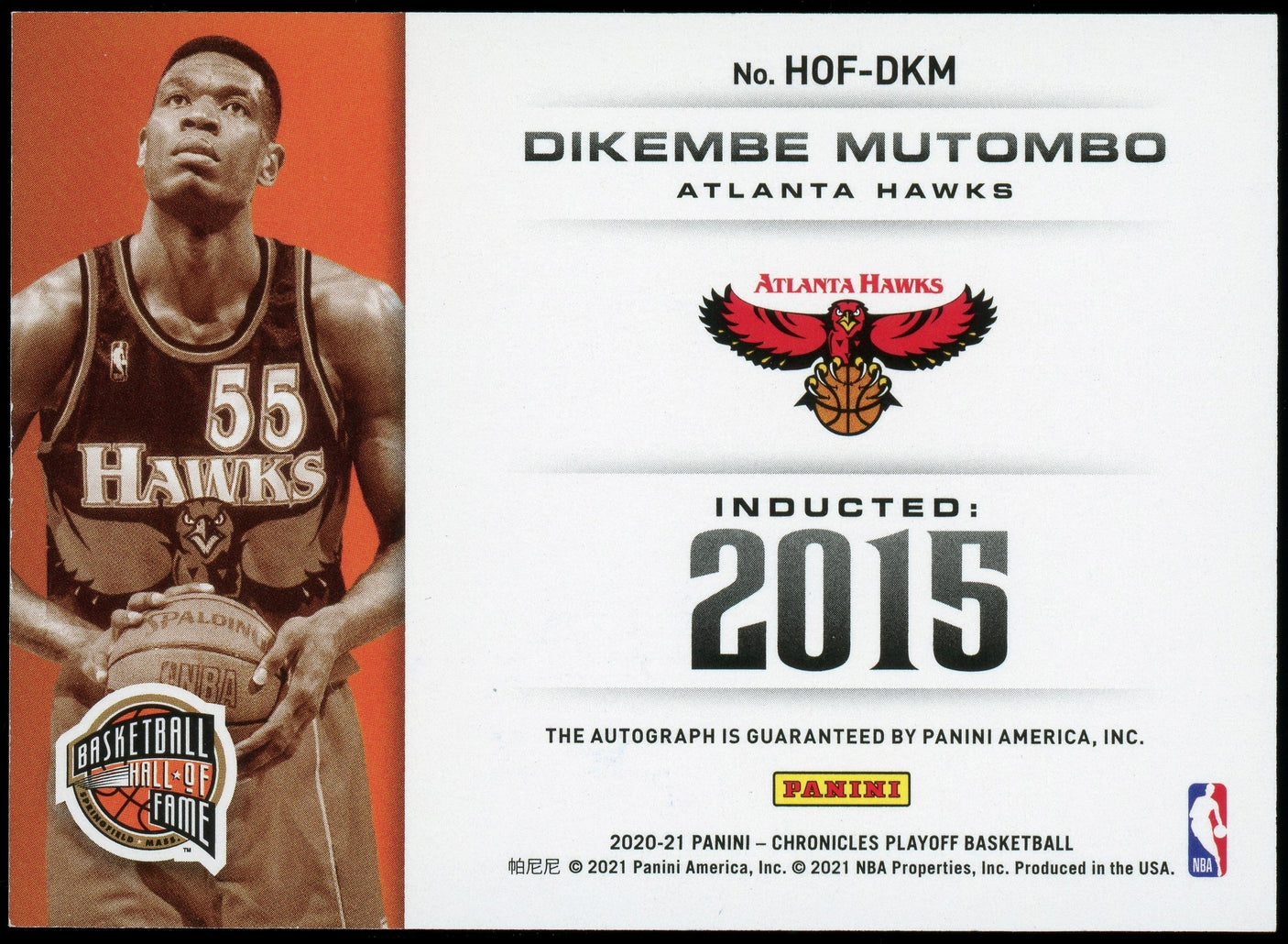 2020-21 Panini Chronicles Hall of Fame /149 #HOF-DKM Dikembe Mutombo Auto Hawks