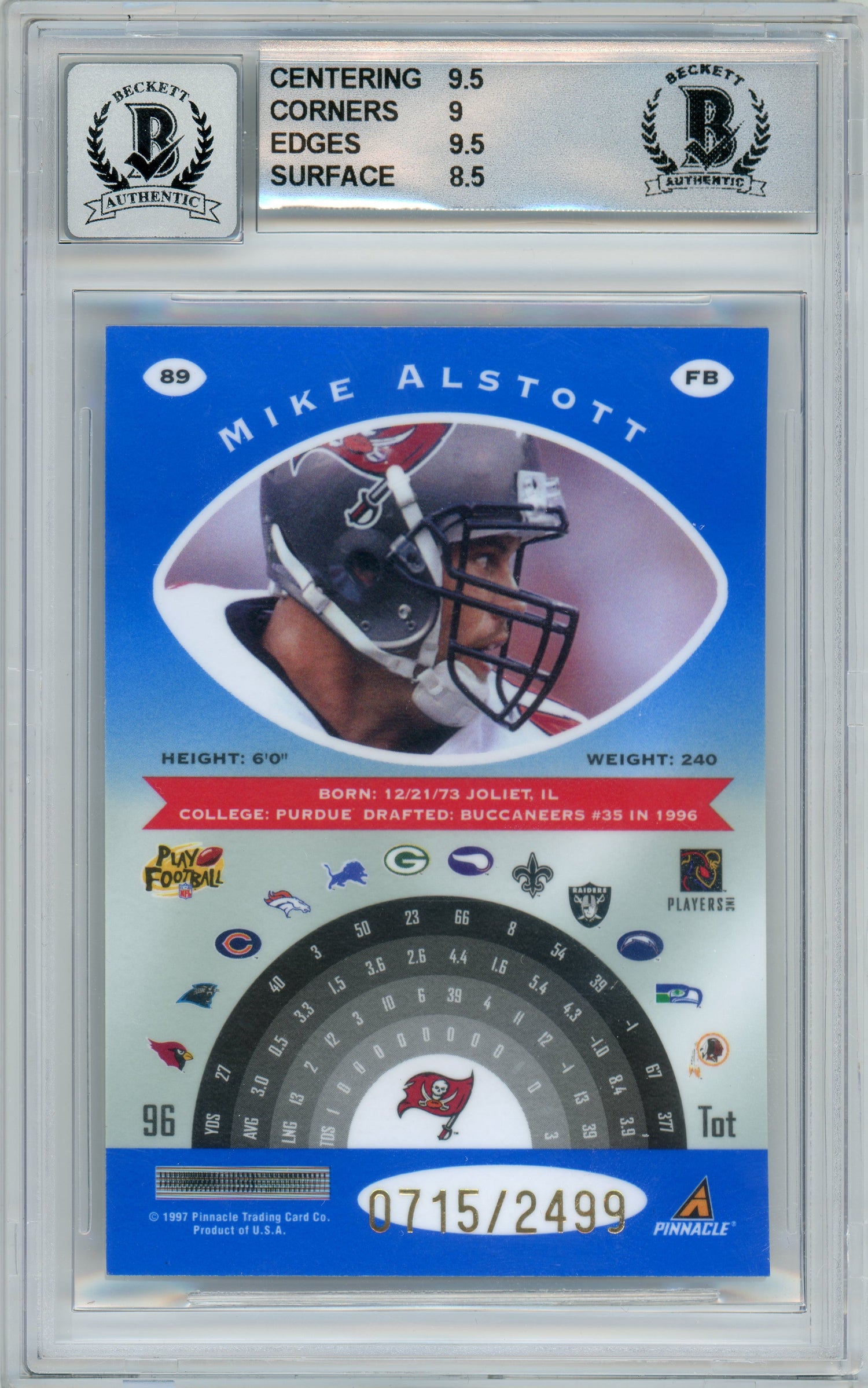 1997 Pinnacle Totally Certified Platinum Blue /2499 #89 Mike Alstott Bucs BGS 9 Auto 10
