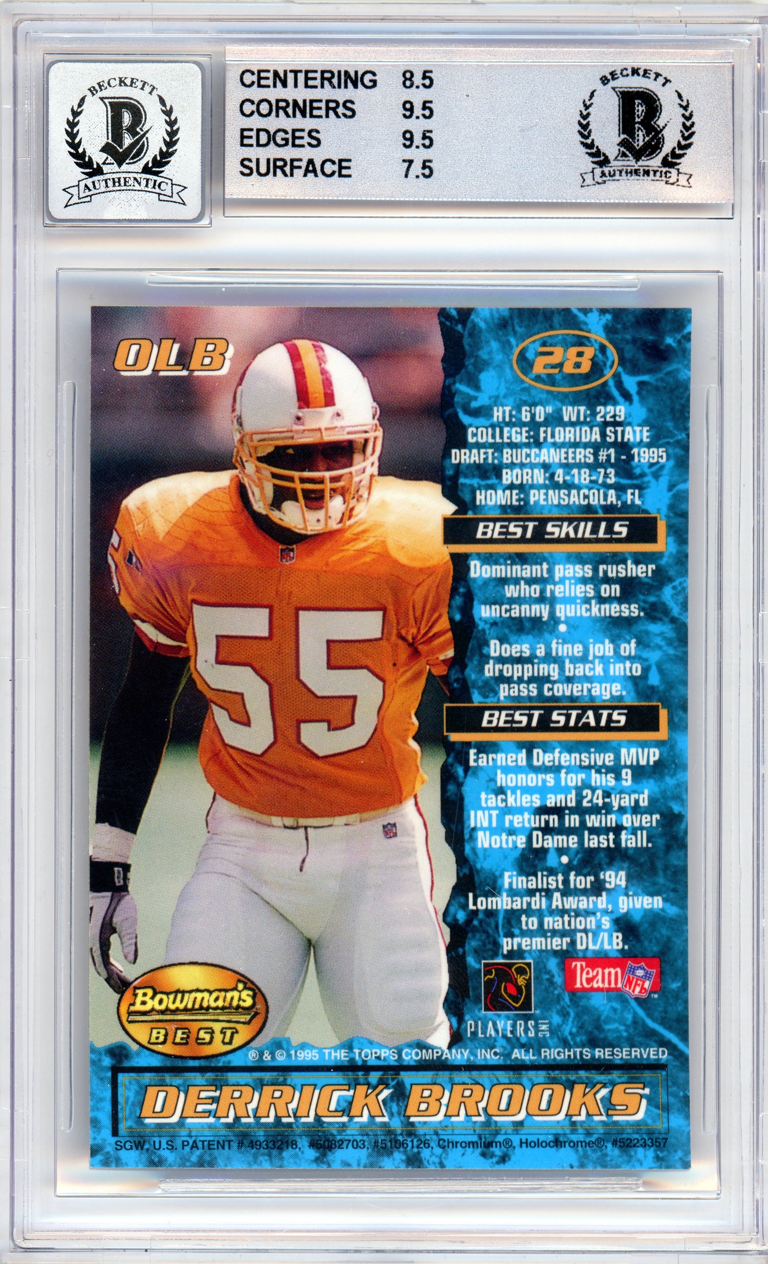 1995 Bowman's Best #R28 Derrick Brooks RC Buccaneers BGS 8.5 Autograph 10