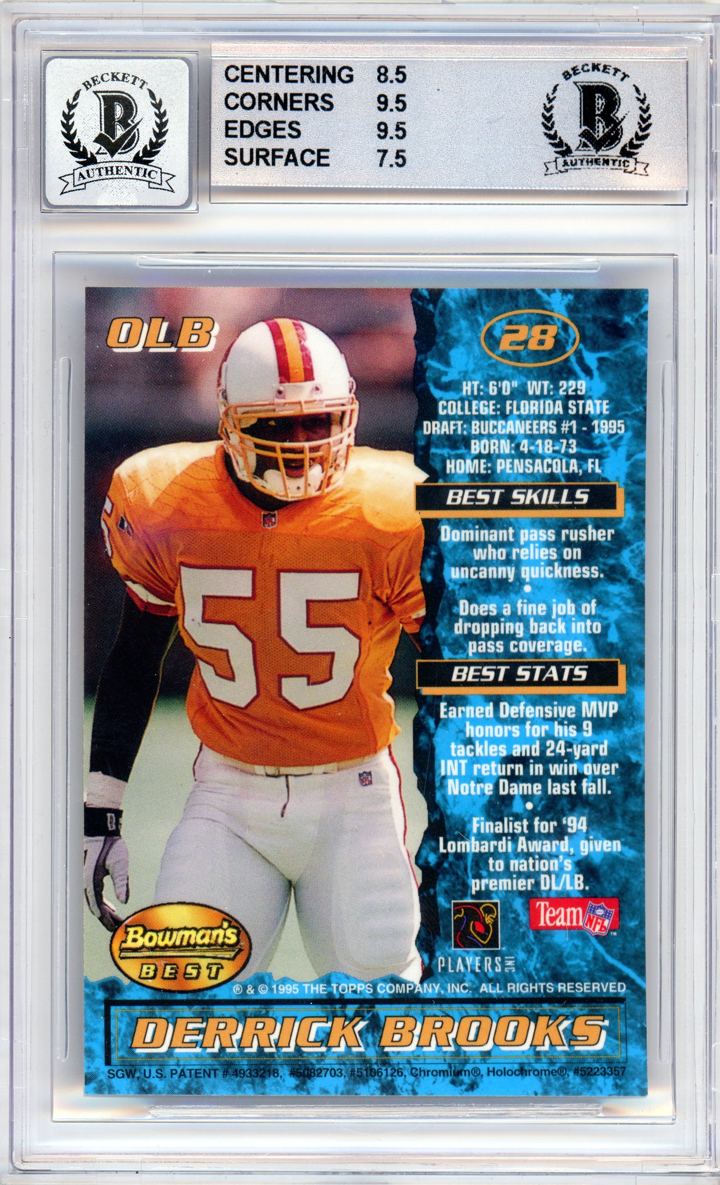 1995 Bowman's Best #R28 Derrick Brooks RC Buccaneers BGS 8.5 Autograph 10