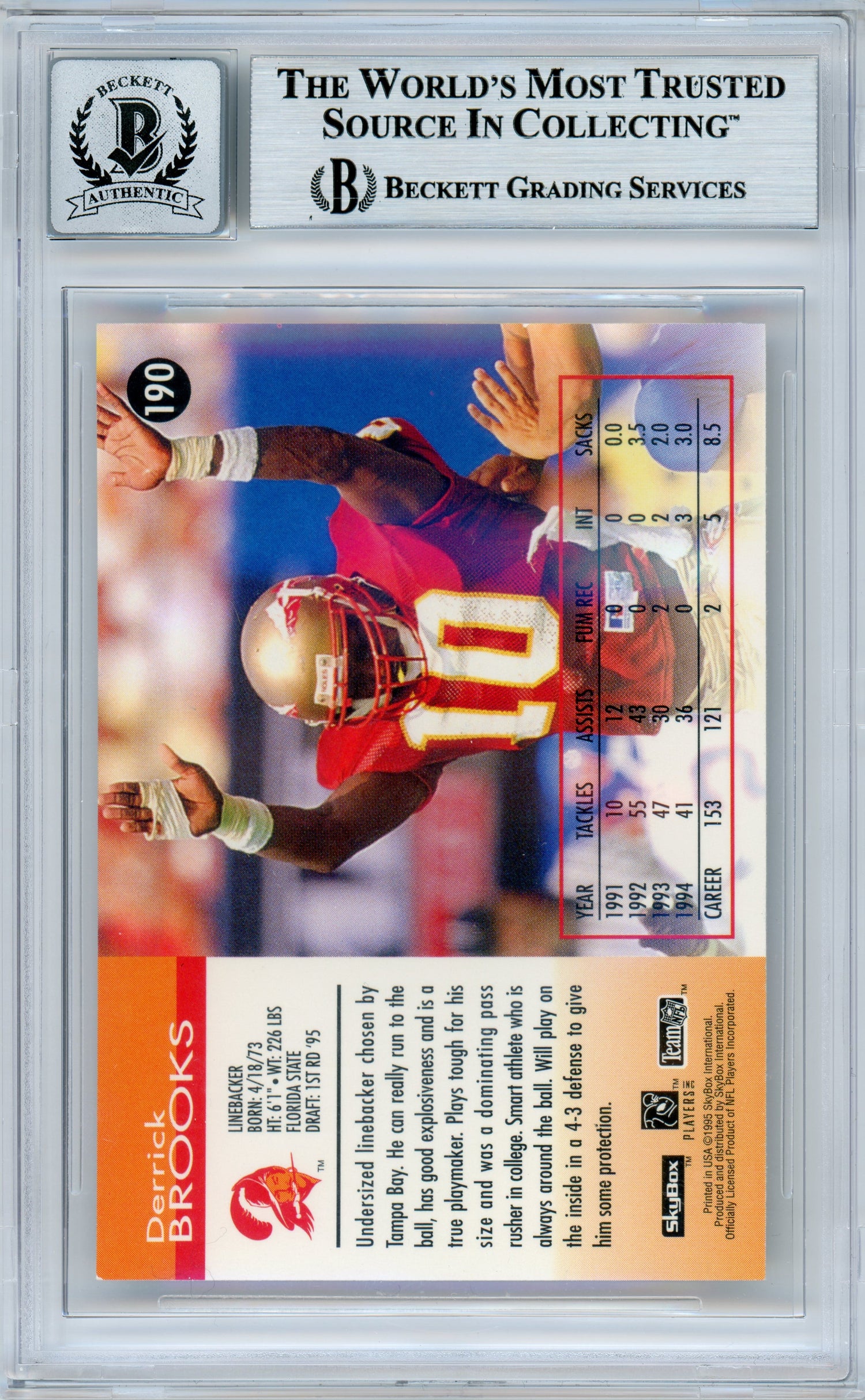 1995 Skybox Impact #190 Derrick Brooks RC Bucs BGS Autograph 10