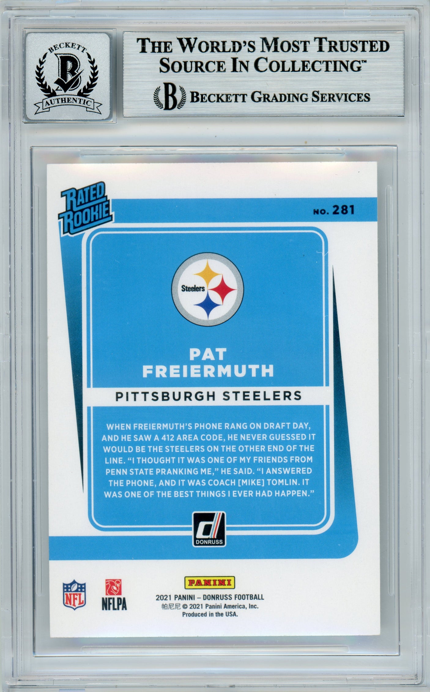 2021 Donruss #281 Pat Freiermuth RC Steelers BGS Autograph 10