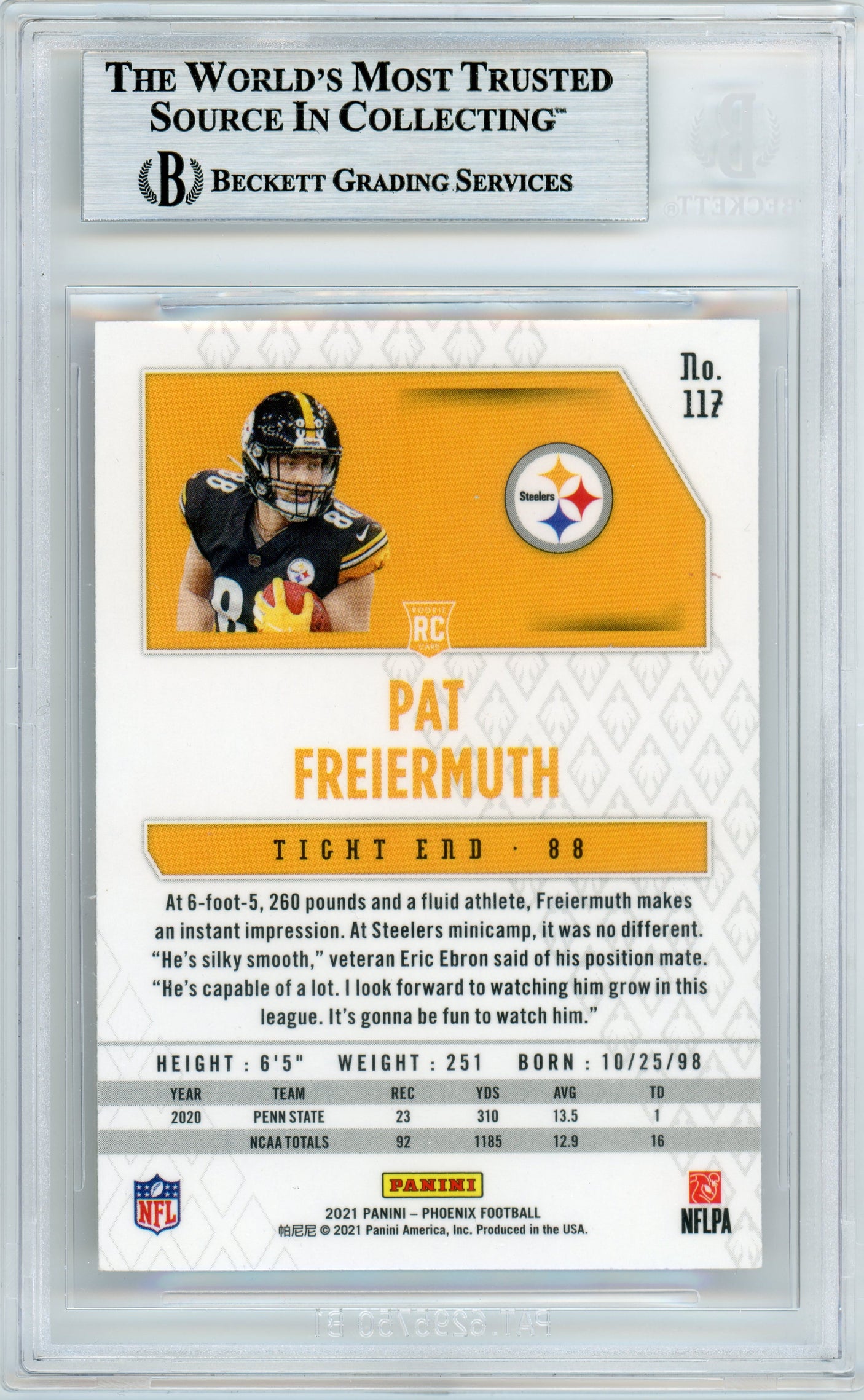 2021 Panini Phoenix Fire Burst #117 Pat Freiermuth RC BGS Autograph