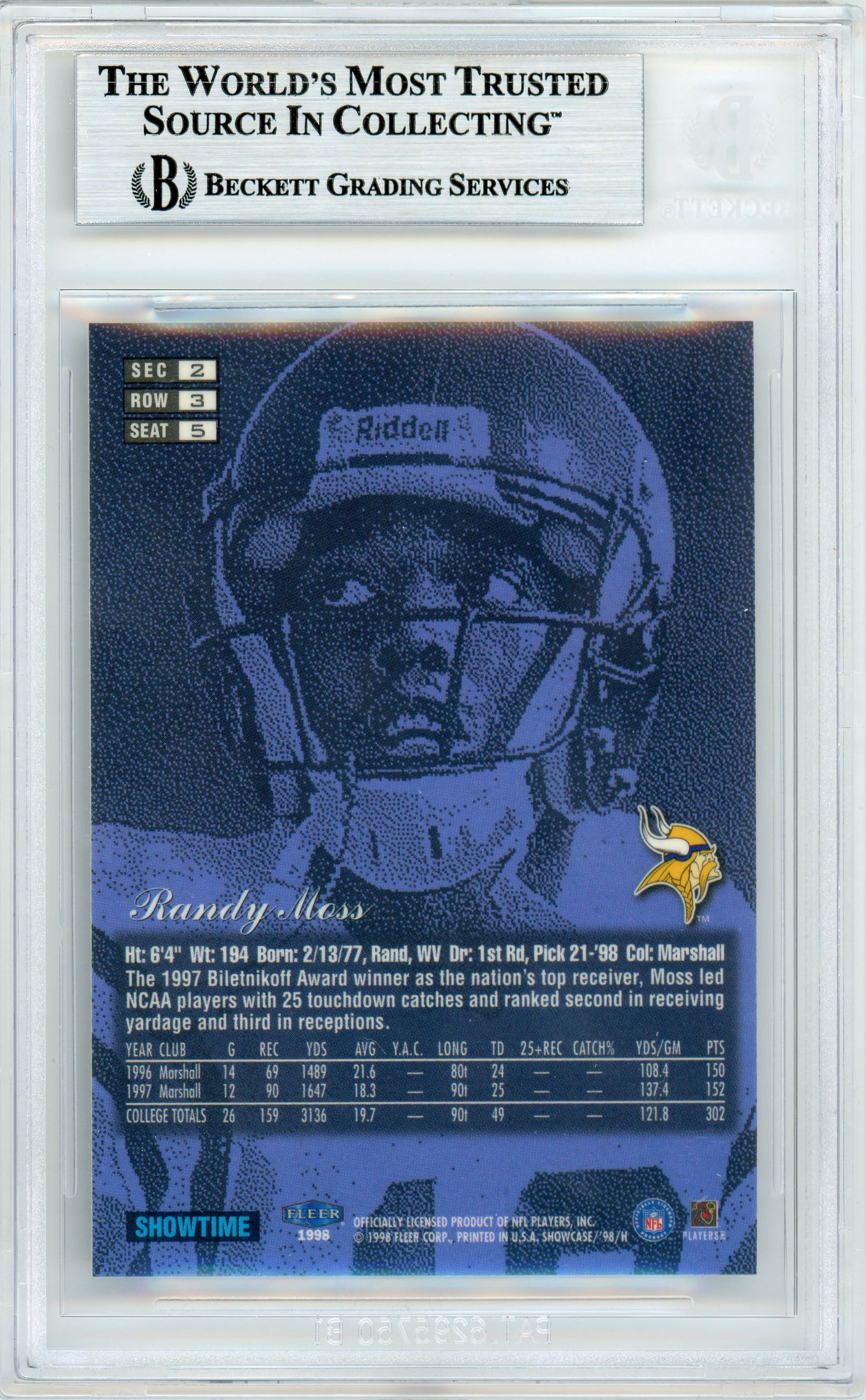1998 Flair Showcase Row 3 #5 Randy Moss RC Vikings BGS Autograph