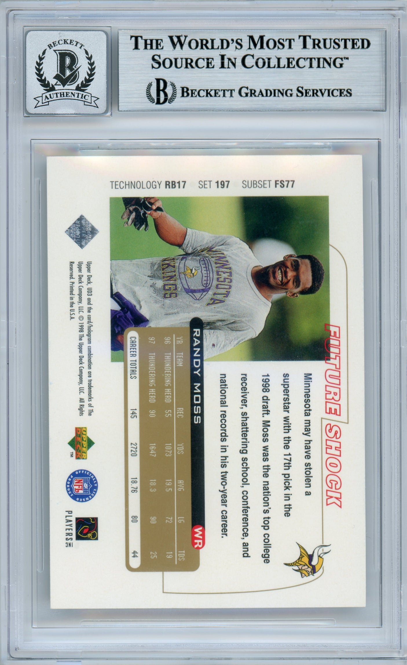1998 Upper Deck UD3 #197 Randy Moss RC Vikings BGS Autograph 10