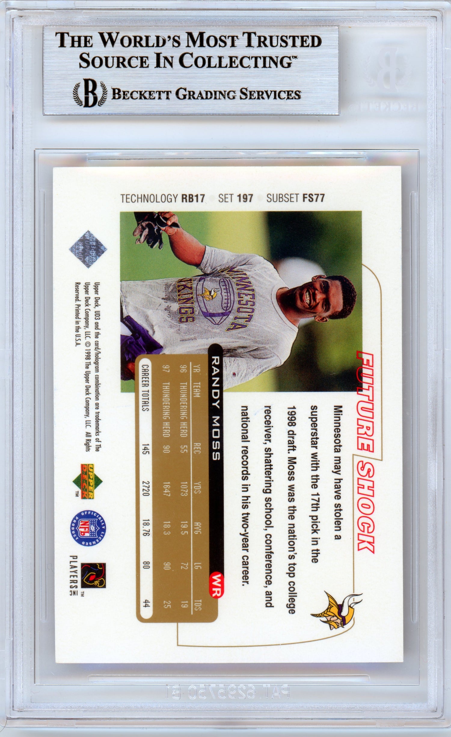 1998 Upper Deck UD3 #197 Randy Moss RC Vikings BGS Autograph