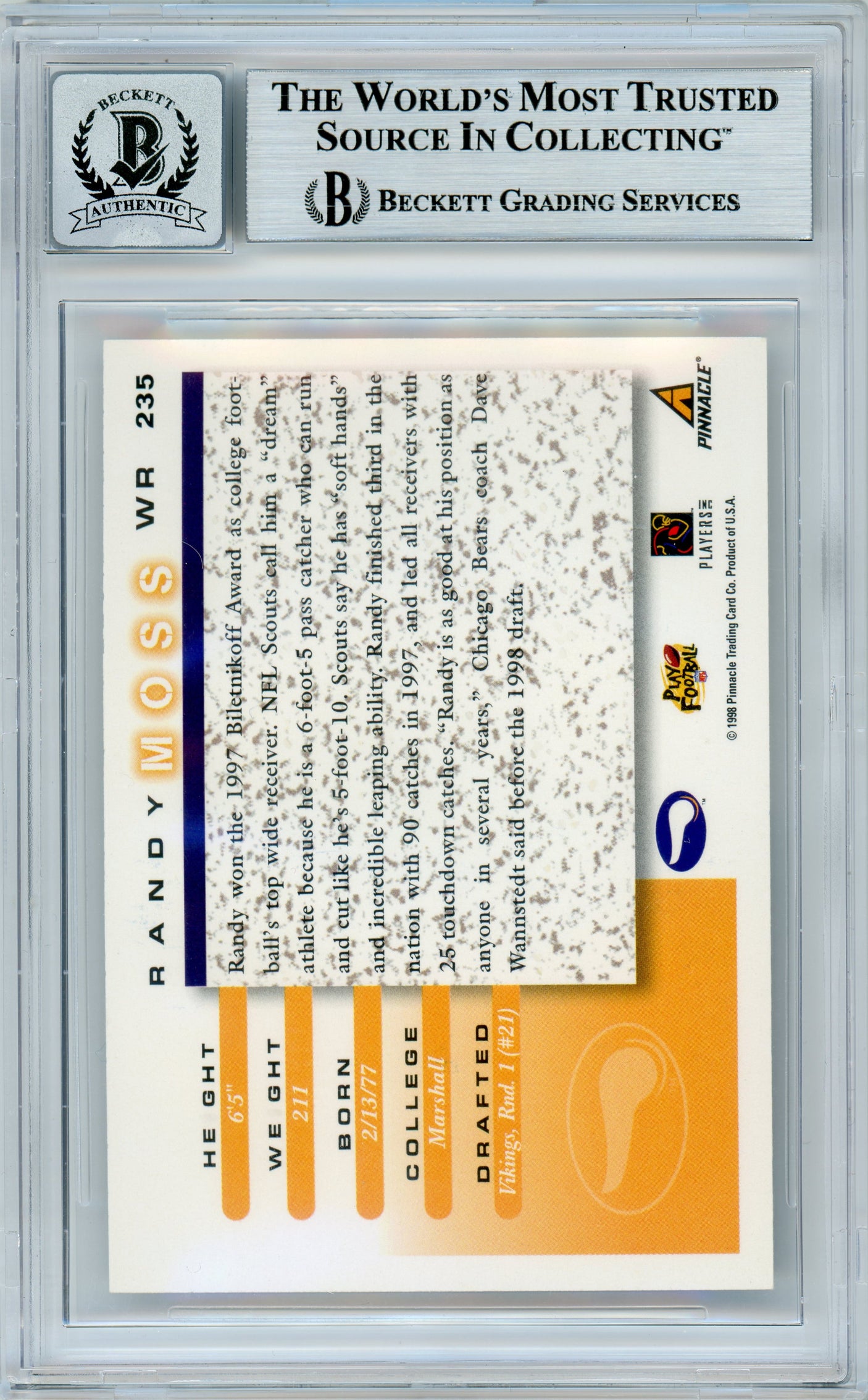 1998 Score #235 Randy Moss RC Vikings BGS Autograph 10