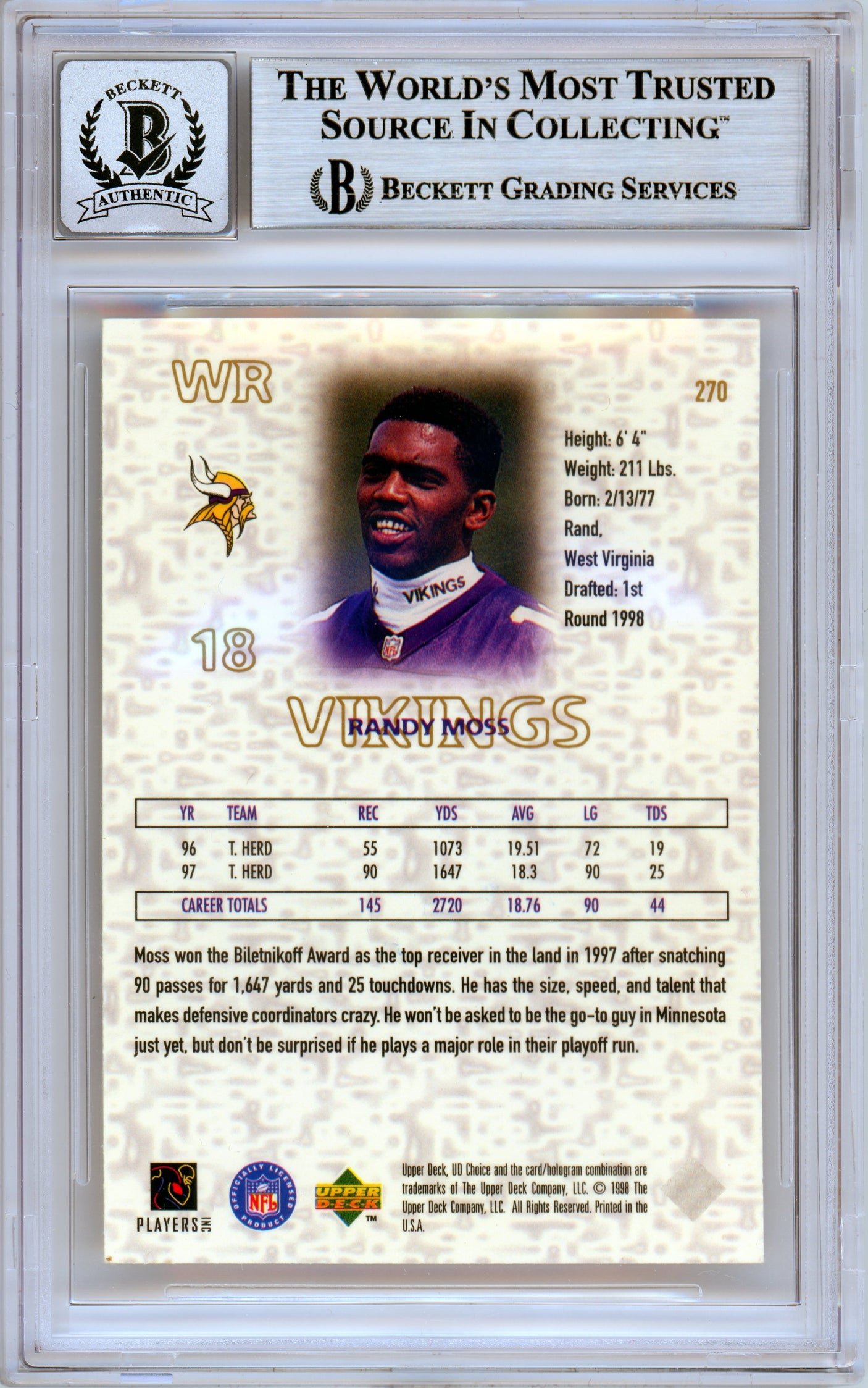 1998 UD Choice Next Domination #270 Randy Moss RC Vikings BGS Auto 10