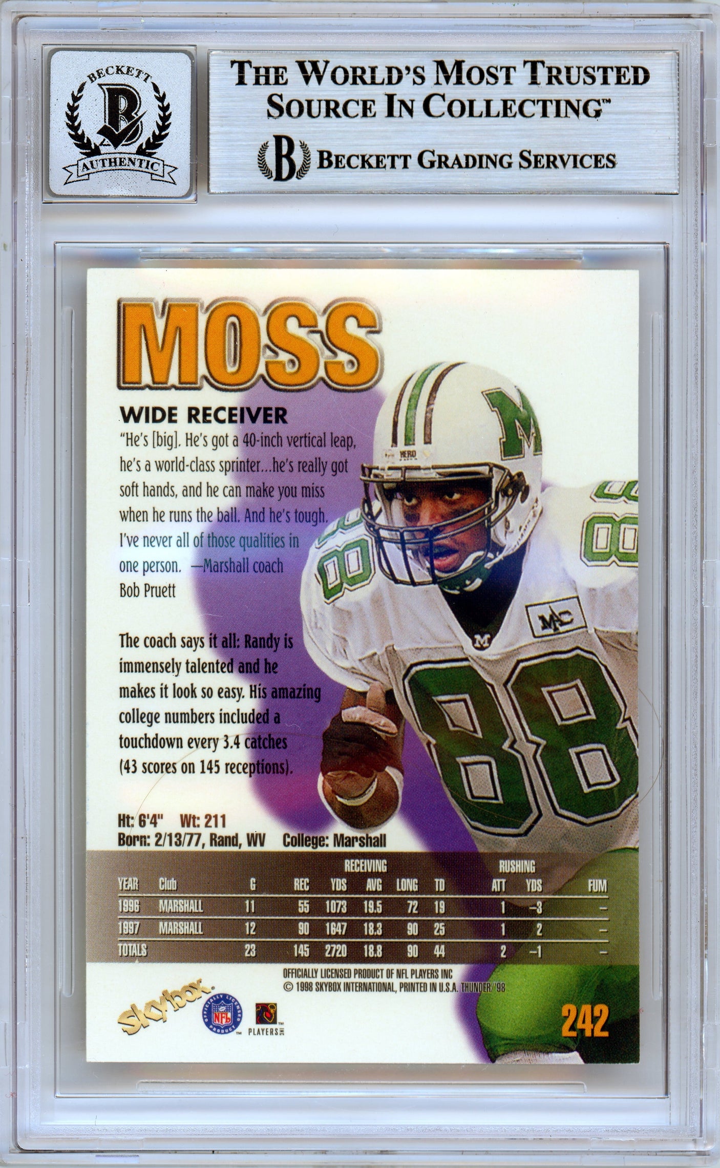 1998 Skybox Thunder #242 Randy Moss RC Vikings BGS Autograph 10