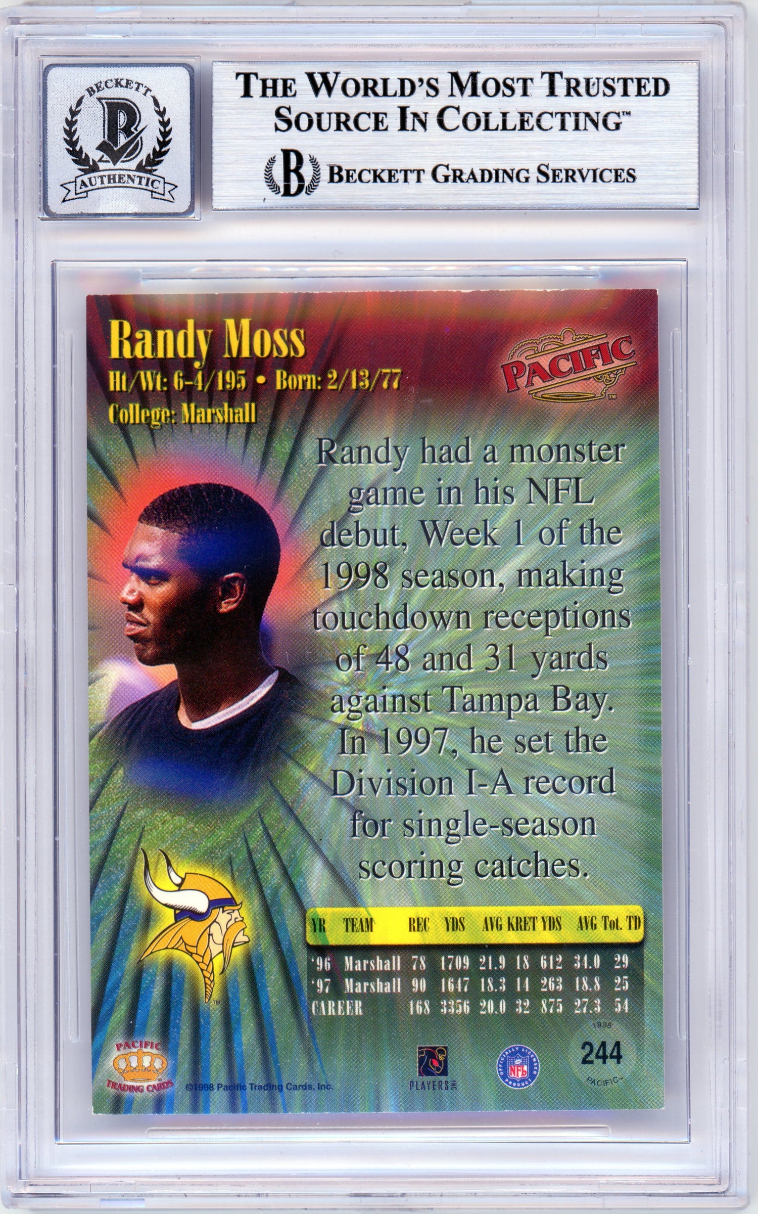 1998 Pacific #244 Randy Moss RC Vikings BGS Autograph 10