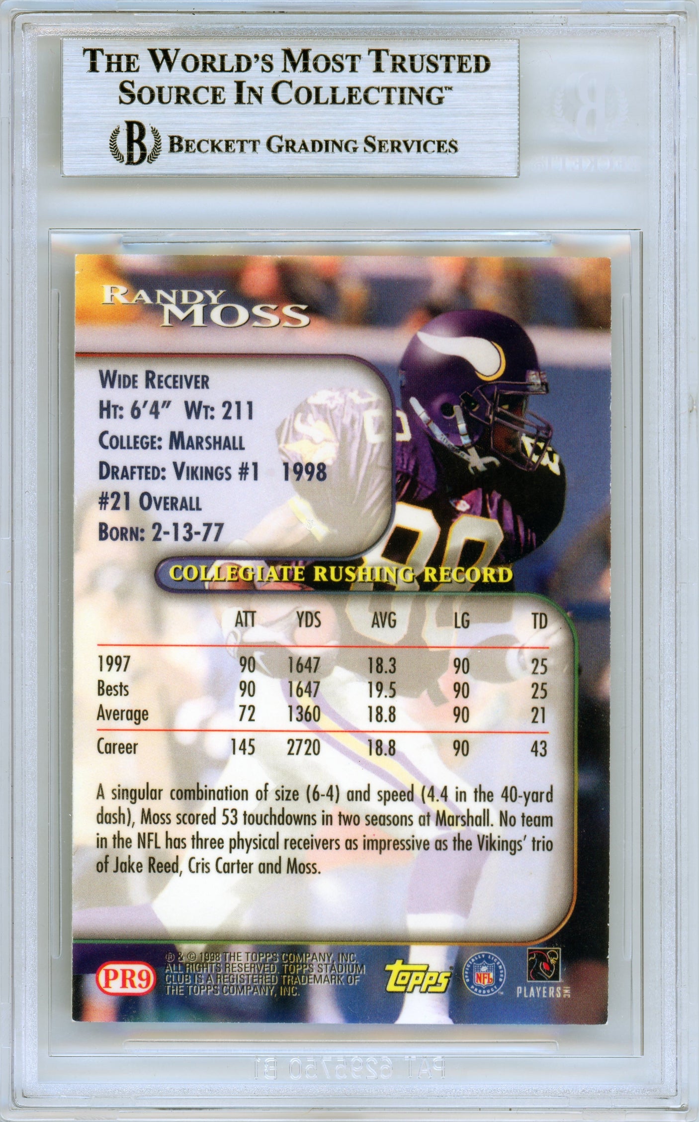 1998 Stadium Club Prime Rookies #PR9 Randy Moss RC Vikings BGS Auto 10
