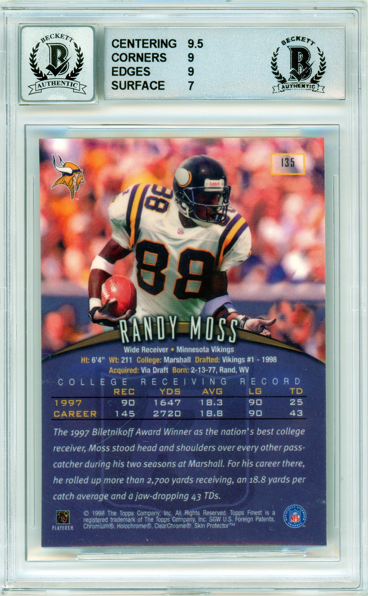 1998 Topps Finest #135 Randy Moss RC Vikings BGS 8 Autograph 10