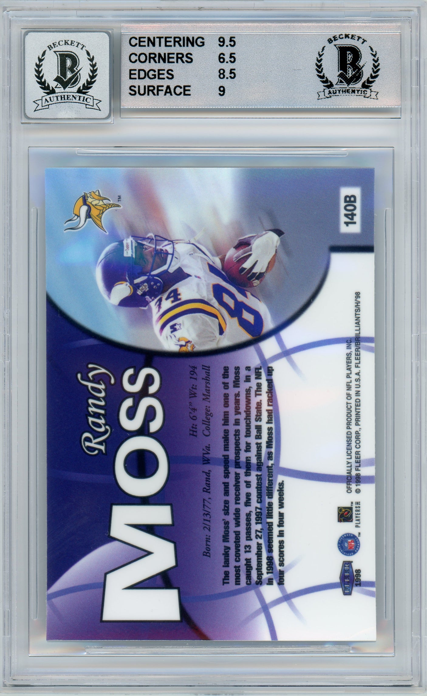 1998 Fleer Brilliants Blue #549 Randy Moss RC Vikings BGS 7 Autograph 10
