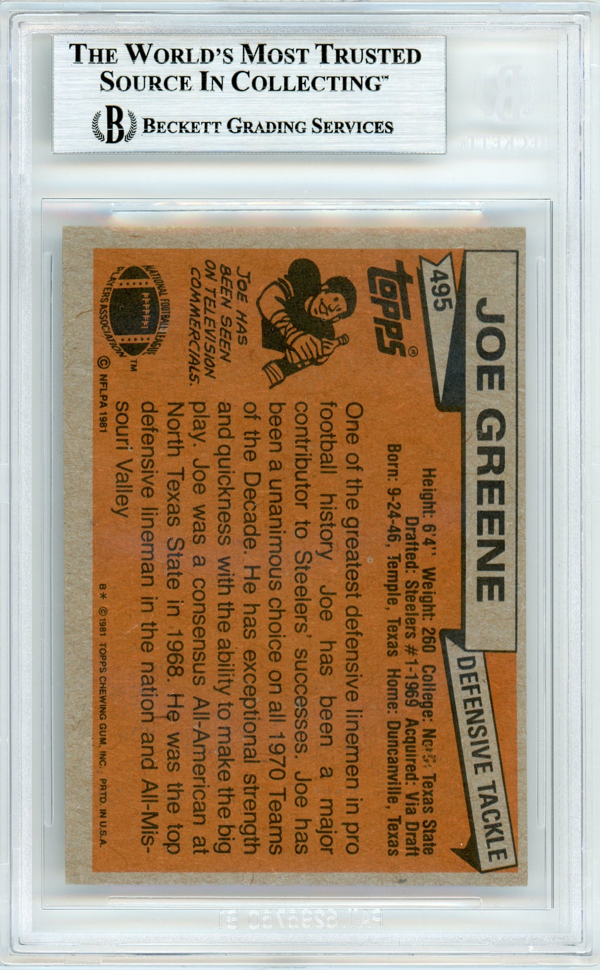 1981 Topps #495 Joe Greene Pittsburgh Steelers BGS Autograph