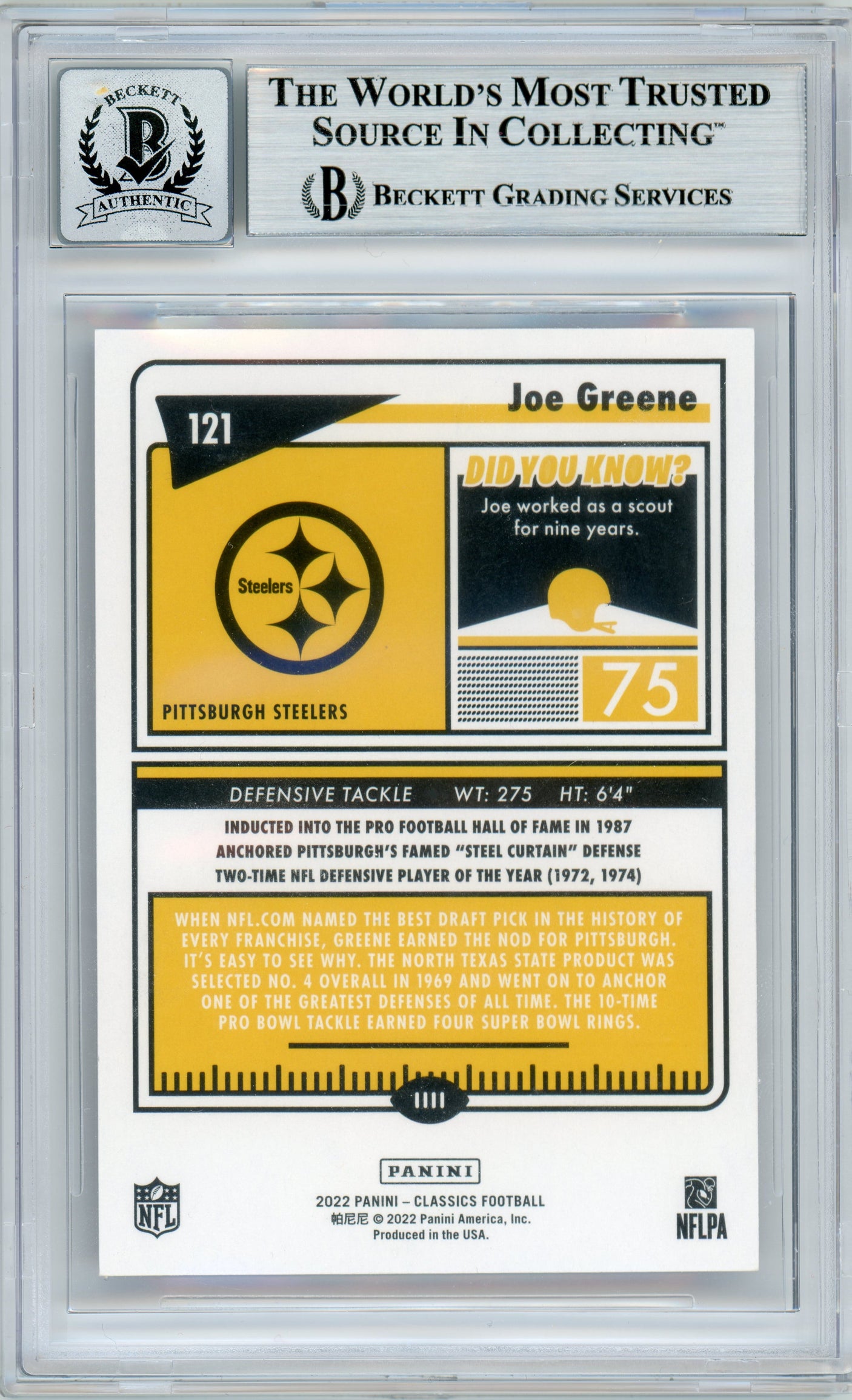 2020 Classics Timeless Tributes Legends Purple #121 Joe Greene /50 Steelers BGS Auto 10