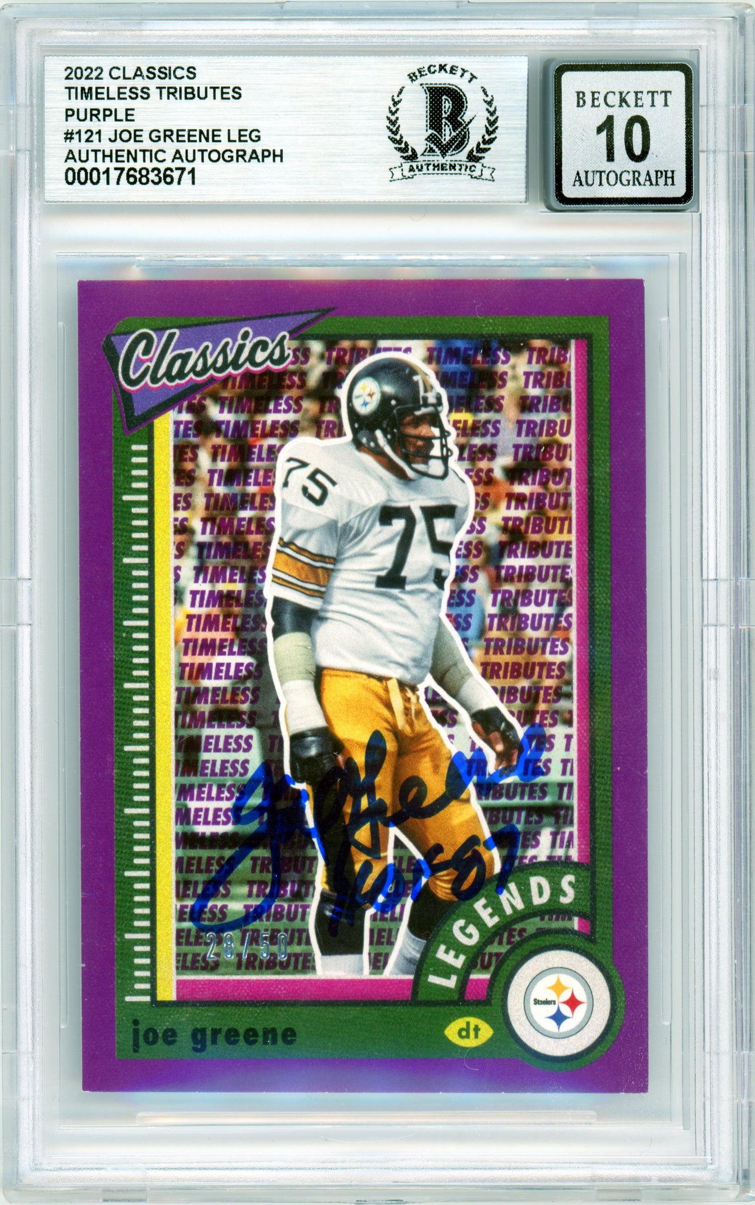 2020 Classics Timeless Tributes Legends Purple #121 Joe Greene /50 Steelers BGS Auto 10