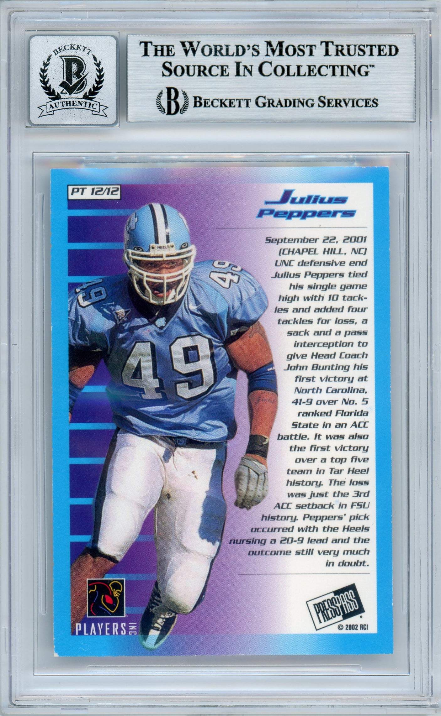 2002 Press Pass Primetime #PT12 Julius Peppers RC Panthers BGS Autograph 10