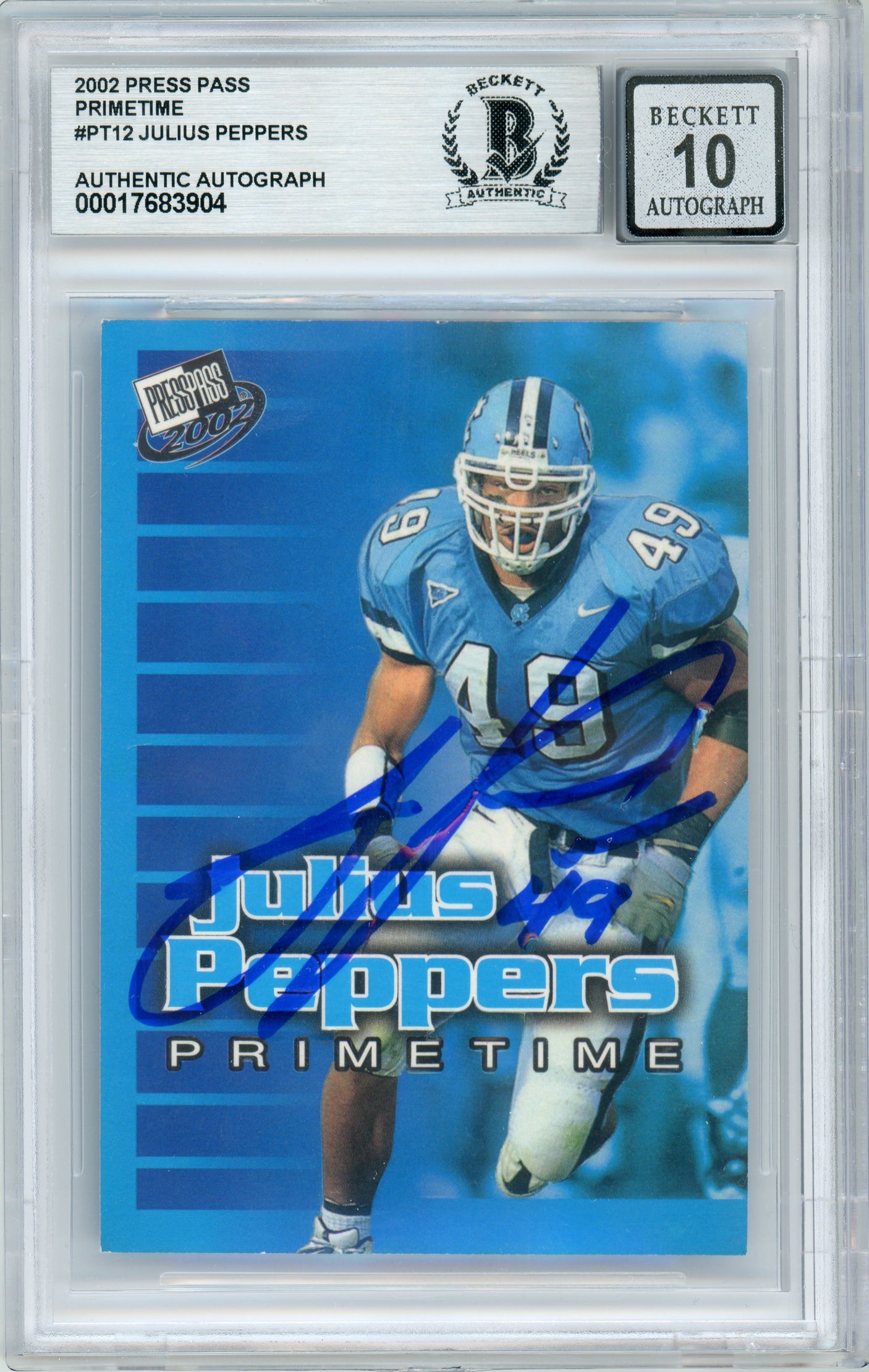 2002 Press Pass Primetime #PT12 Julius Peppers RC Panthers BGS Autograph 10