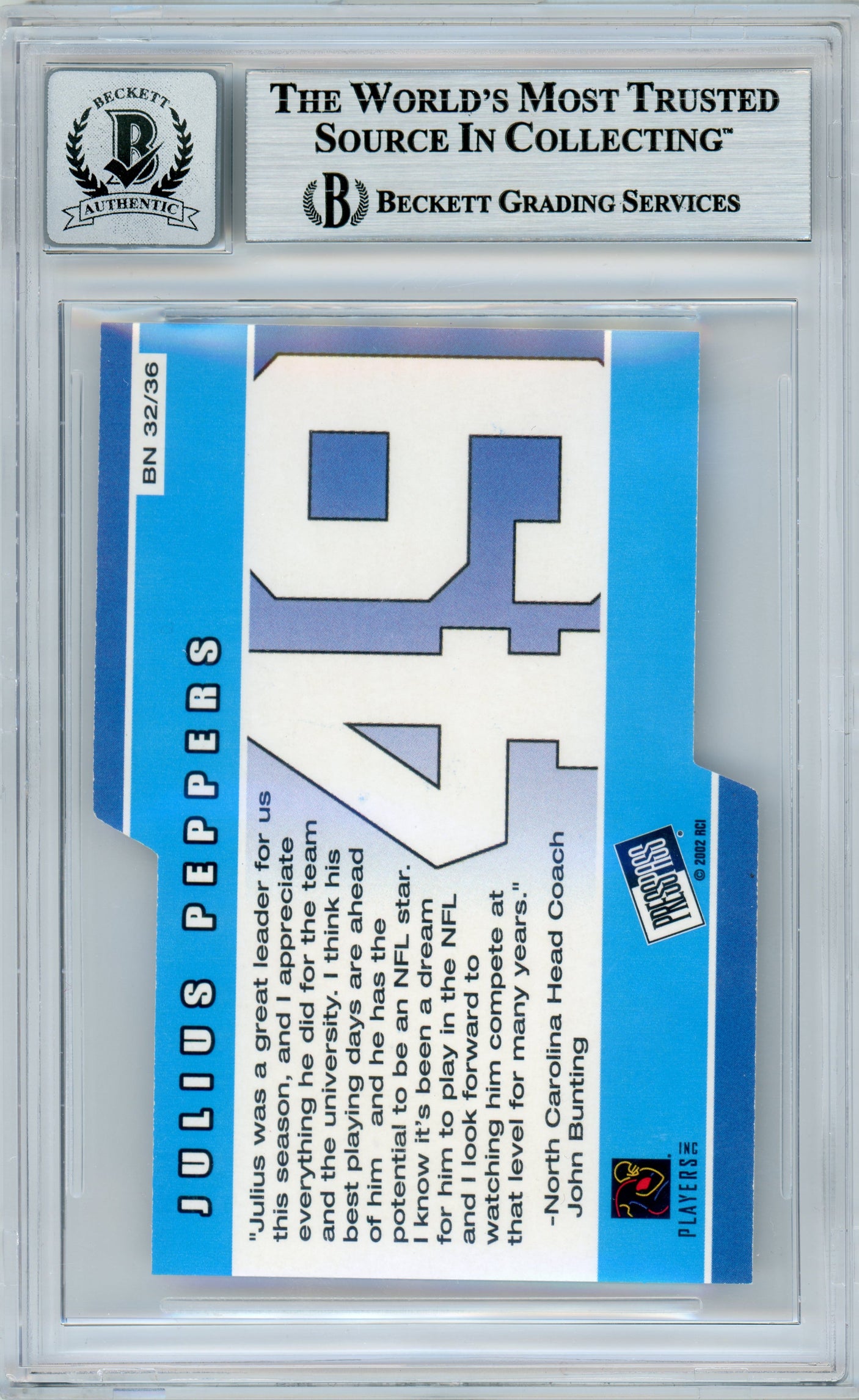 2002 Press Pass Big Numbers #BN32 Julius Peppers RC Panthers BGS Autograph 10