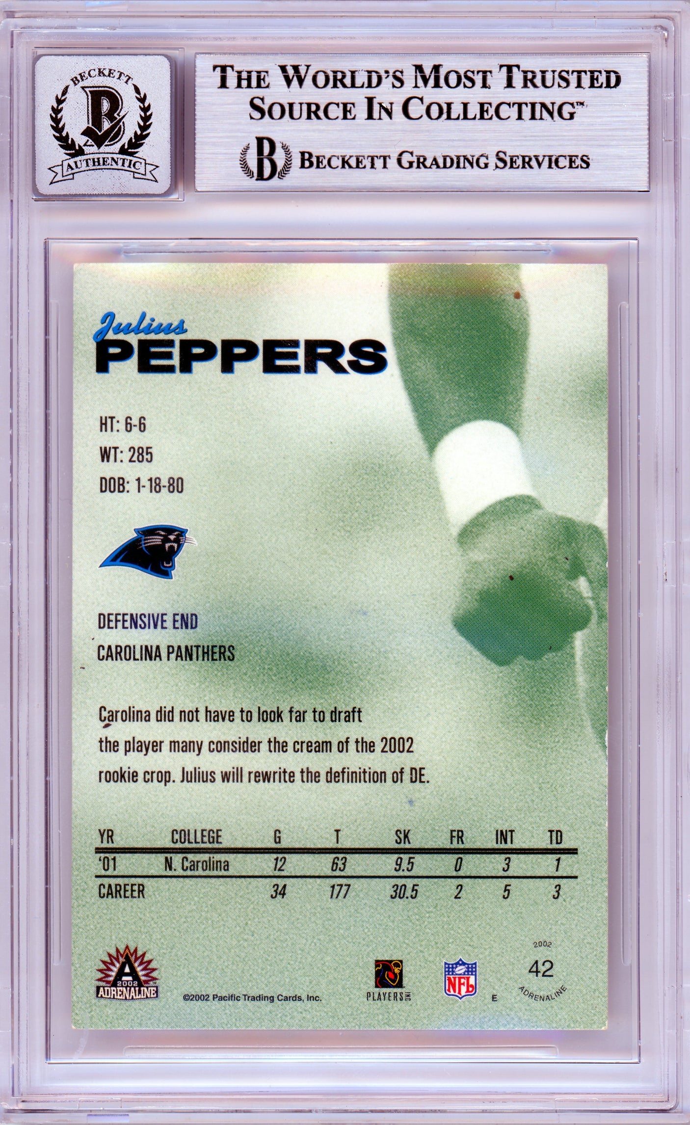 2002 Pacific Adrenaline Red #42 Julius Peppers RC Panthers BGS Autograph 10