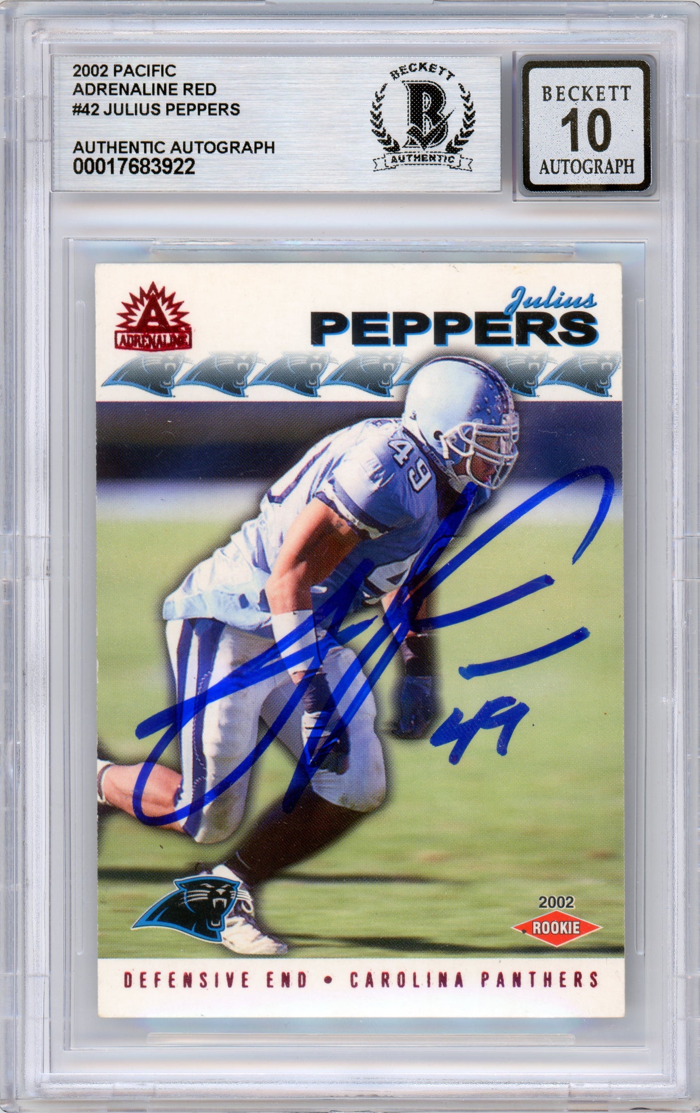 2002 Pacific Adrenaline Red #42 Julius Peppers RC Panthers BGS Autograph 10